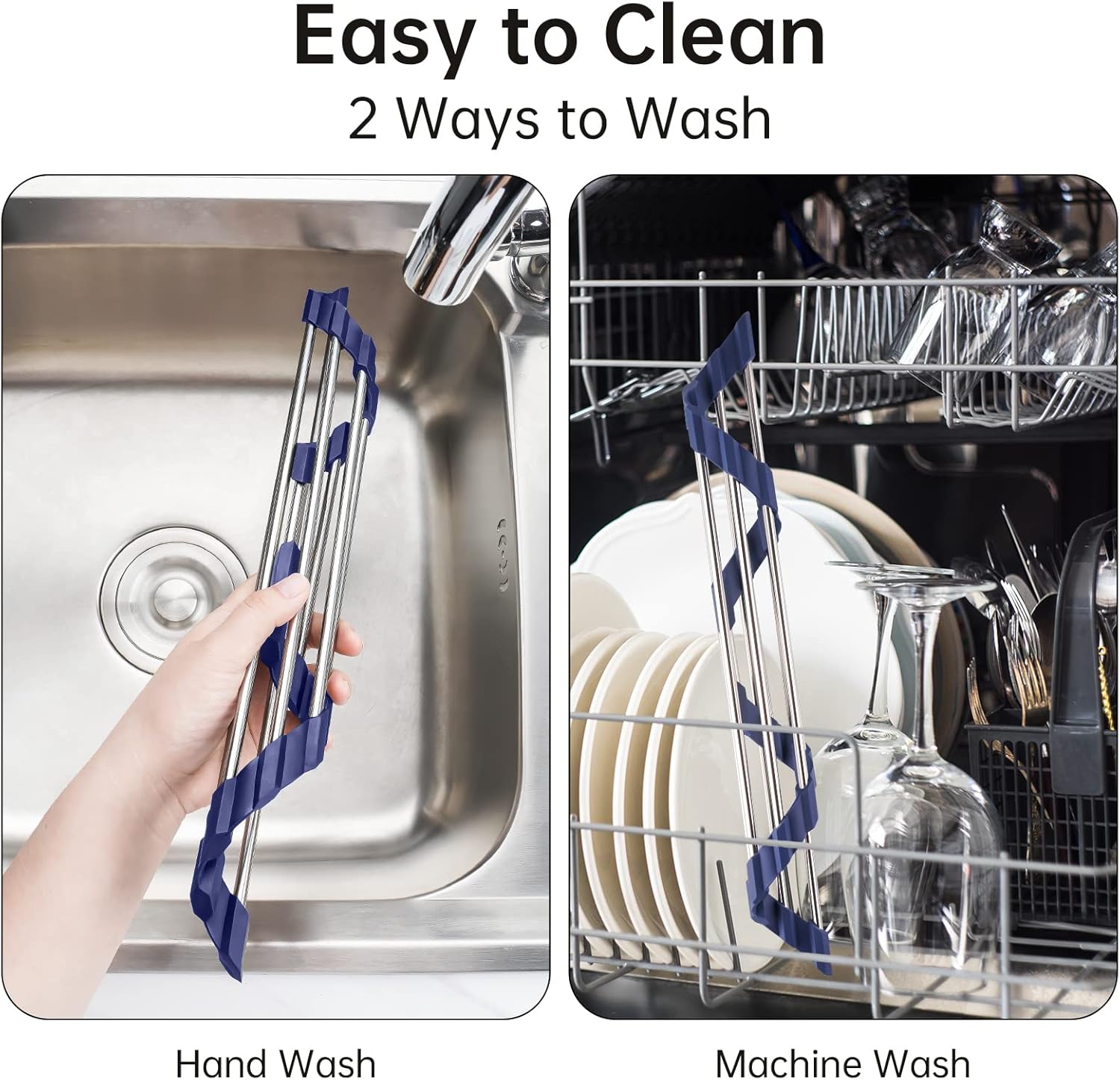 Tomorotec Triangle Roll-Up Dish Drying Rack for Sink Corner Small Foldable Stainless Steel Over The Sink Multipurpose Kitchen Drainer Caddy Organizer Storage Shelf Holder (Deep Blue)