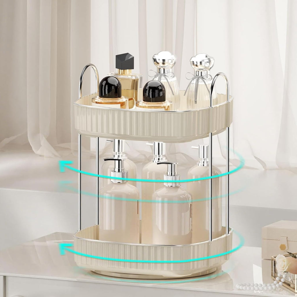 YCIA&DONE 360 Rotating Makeup Organizer for Vanity, 2 Tiers New Square Shaped Cosmetics Skincare Bathroom Organizers Countertop, Perfume Stand Counter Tray, Warm White