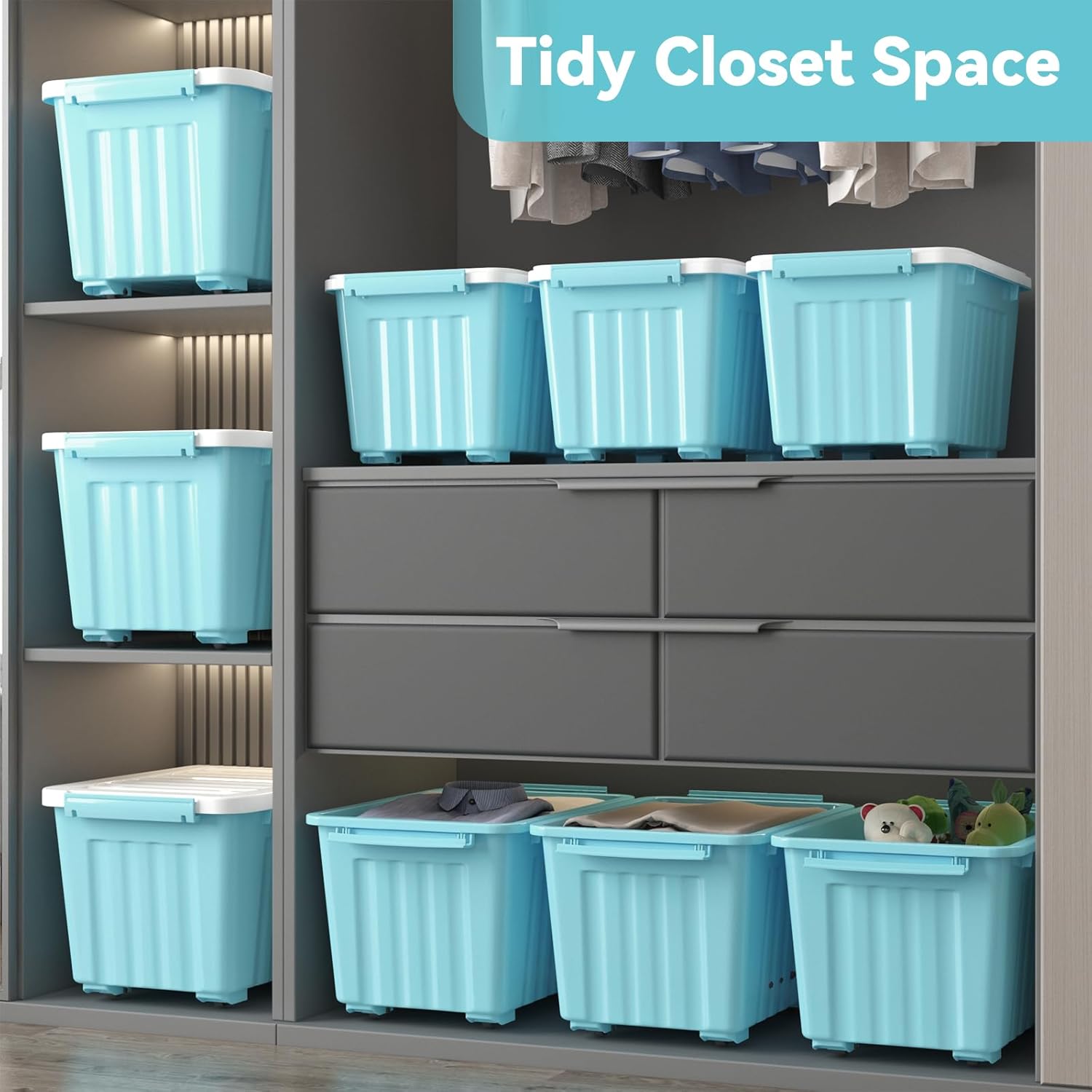 Nazhura 72 Quart Plastic Storage Bin, Stackable and Nestable Storage Boxes with Lids and Secure Latching Buckles, Large Storage Container (Blue, 72Quart-6Pack)