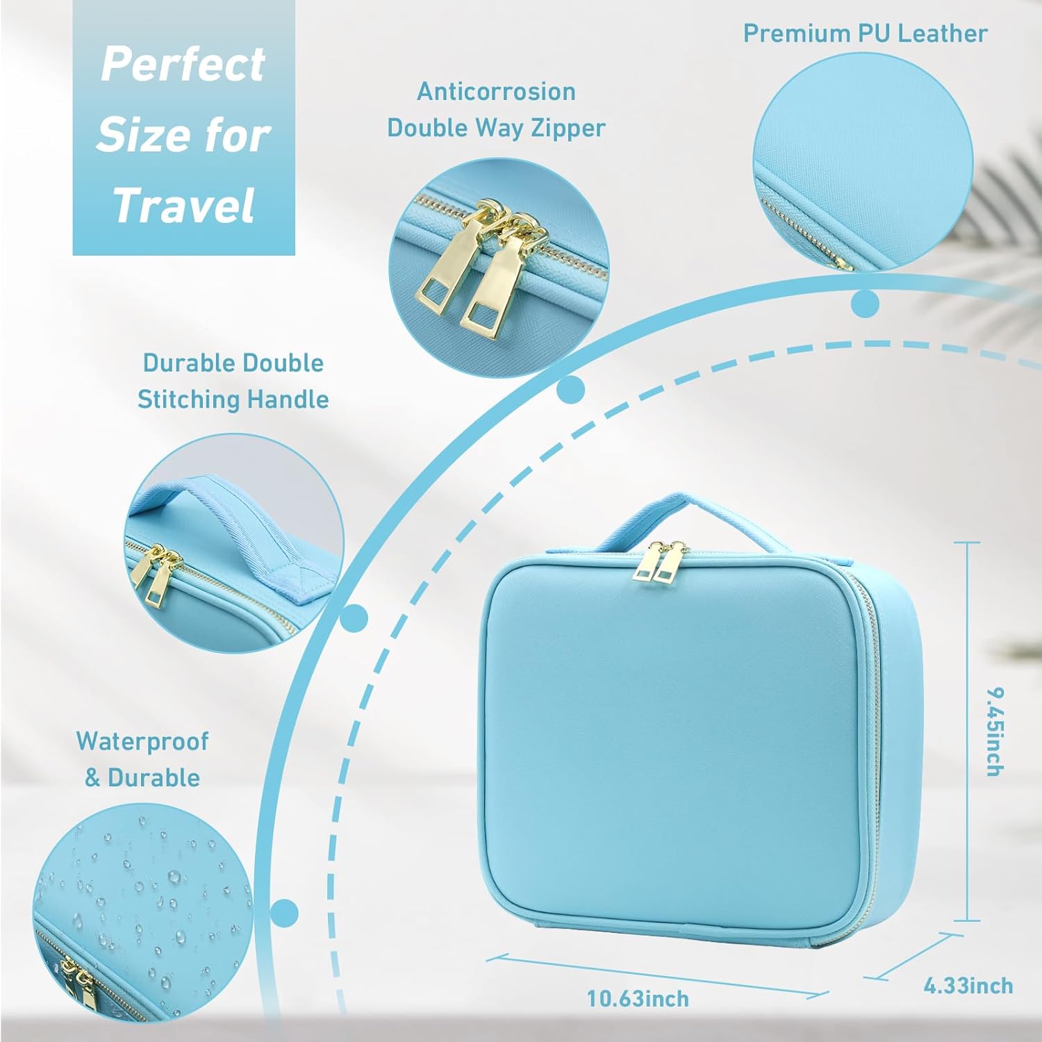 Makeup Organizer Bag with Mirror, Lighted Travel Makeup Bag 3 Colors Modes, Cosmetic Bag Make up Organizer with Mirror and Light, Makeup Train Case Portable Cosmetic Storage Case Gifts(Blue)