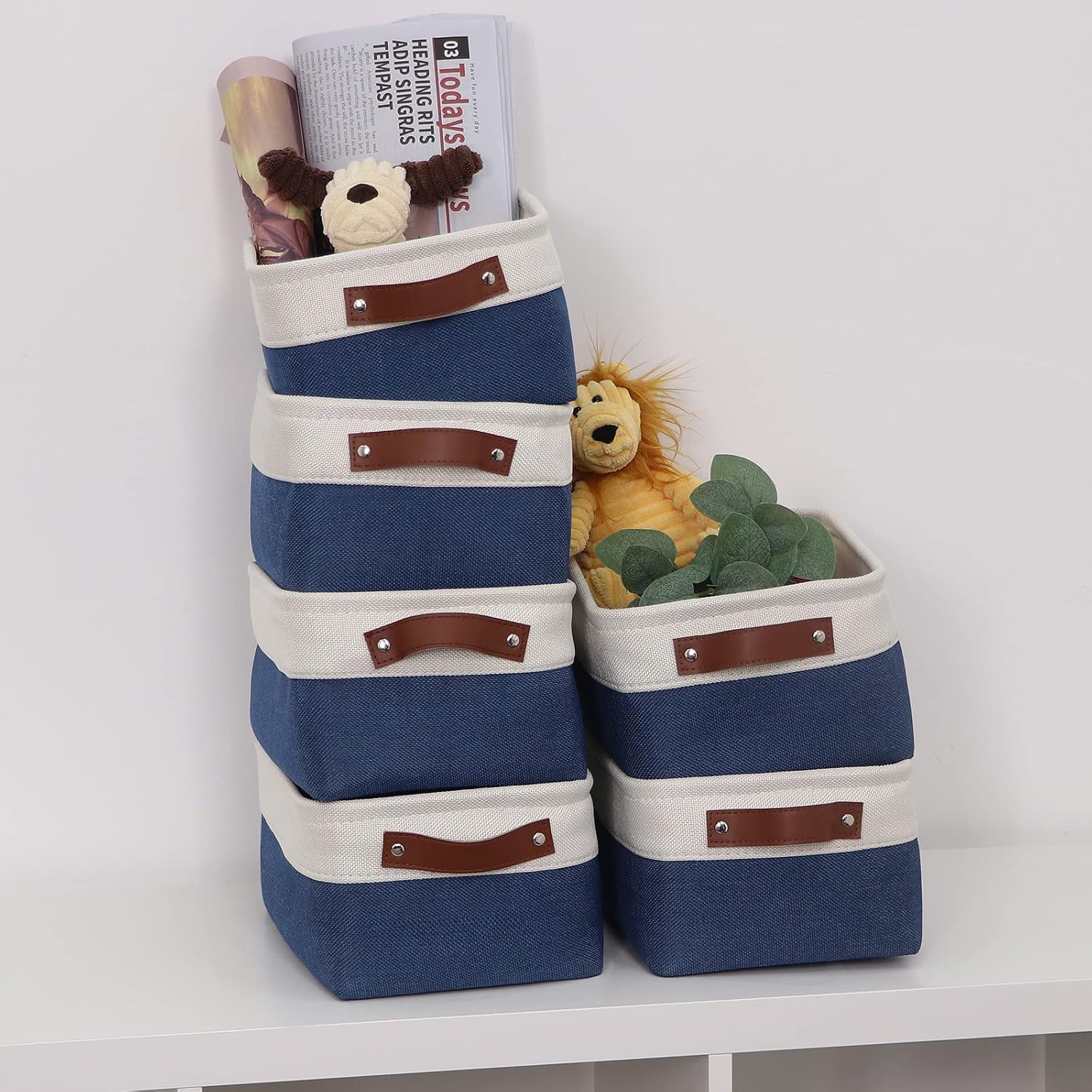 HNZIGE Small Baskets for Storage(6 Pack) Fabric Storage Baskets for Shelves, Foldable Storage Basket for Organizing Closets, Laundry, Nursery, Baskets for Gifts Empty (White&Blue, 11.8" x 7.8" x 5.1")