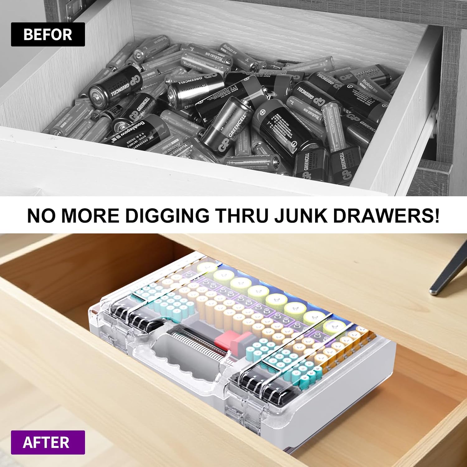 Battery Organizer Storage Holder Box Case with Tester, Ultra-Large 262+ Batteries Container with Double-Sided, Holds AA AAA 4A 23A C D Cell 9V 3V Lithium 4LR44 CR3 CR123A 18650 (Gray)