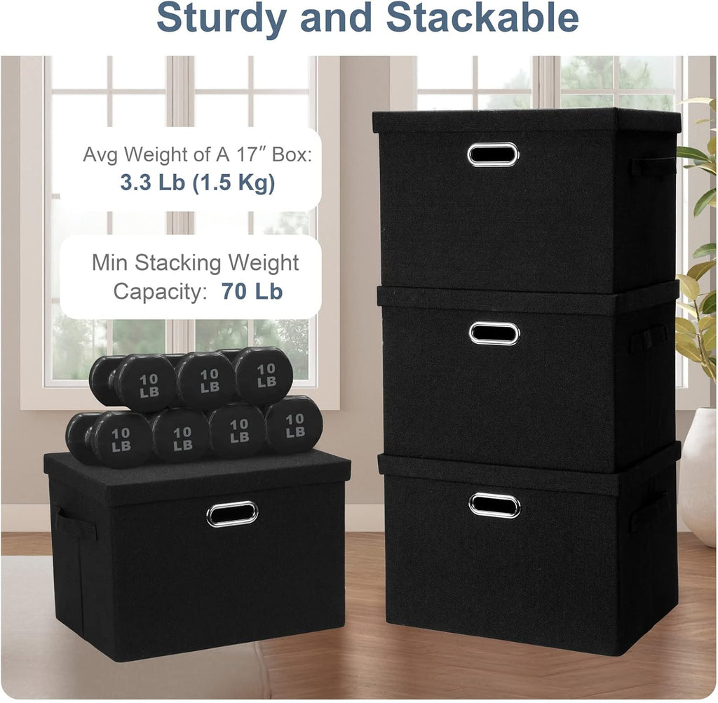 Large 17" 36 Quart Collapsible Stackable Storage Bins with Lids, 5 Packs Black Linen Fabric Closet Boxes with Lids, Storage Cube Baskets Container Organizers for Bedroom Office(17 x12 x11)