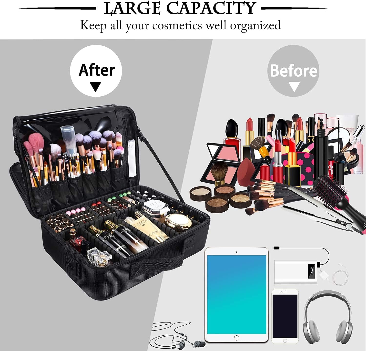 JOURMON Travel Makeup Train Case,Large Capacity Cosmetic Bags for Women,Portable Makeup Bag Organizer with Adjustable Dividers & Shoulder Strap (Black, L)