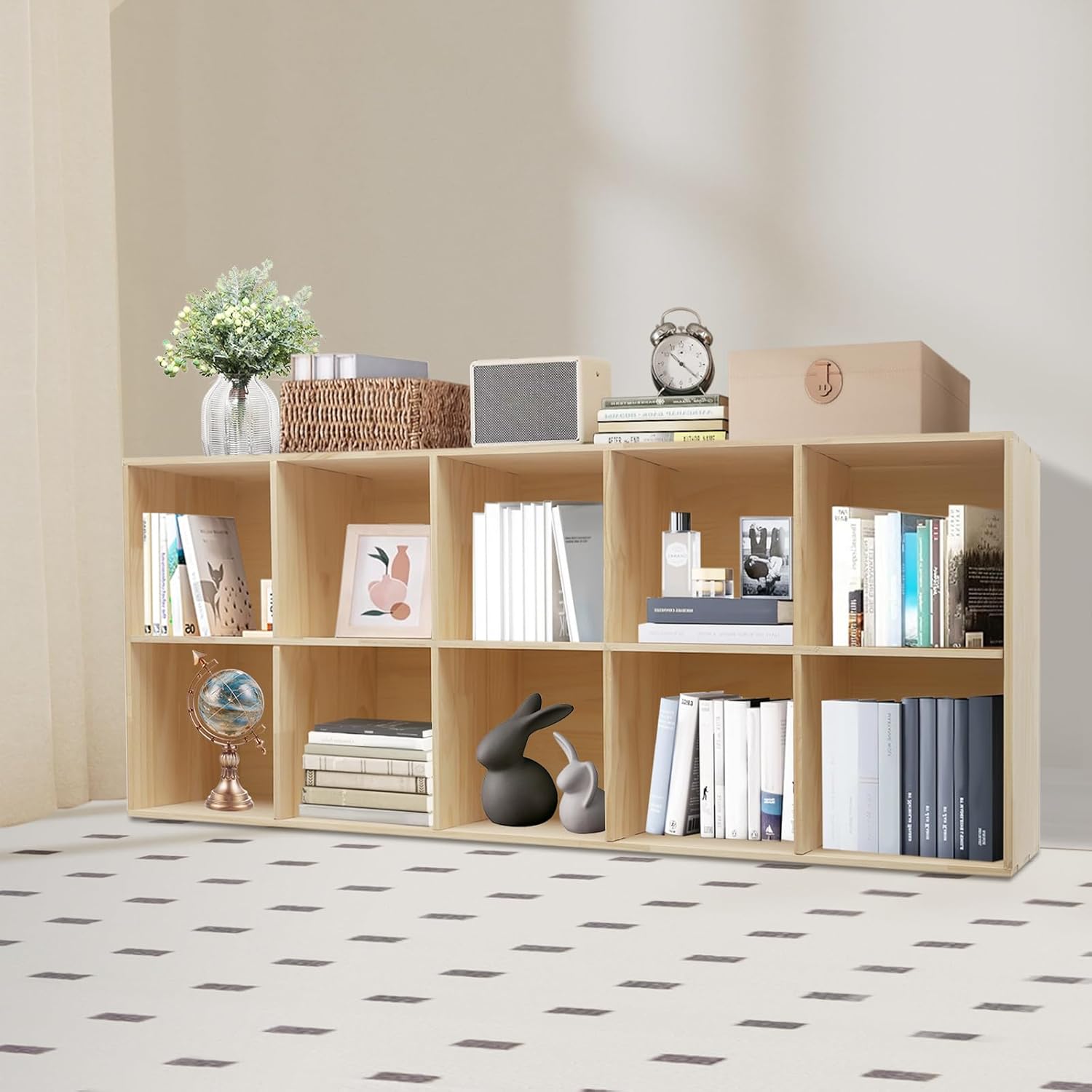 10 Cube Storage Shelf Organizer Bookshelf with Back Panel, 12in Deep Solid Wooden Cube Shelf Bookcase, Floorstanding, Vertical or Horizontal, Easy Assembly