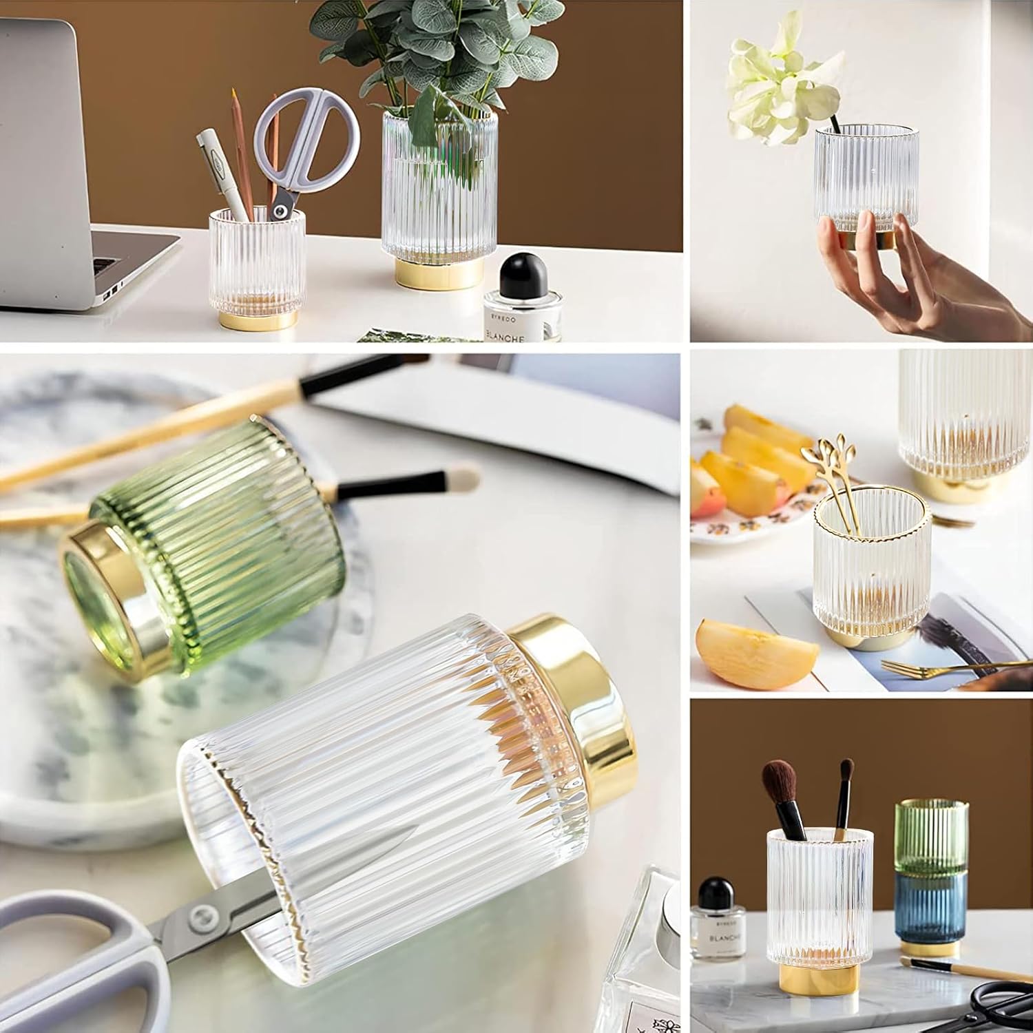 DASITON Makeup Brush holder Organizer,Crystal Cosmetic Makeup Brush Glass Brushes Storage Holder, Vintage Make Up Brush Cup Pen Pencil Holder striped vase(Clear L)