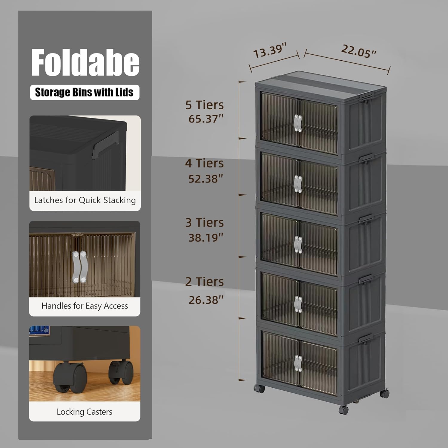 Stackable Storage Bins, Collapsible Plastic Container Bins with Lid & Wheel, Closet Organizer Foldable Cabinet with Door, Folding Storage Boxes for Home, Pantry, Office (M, Gray 5-Tier)