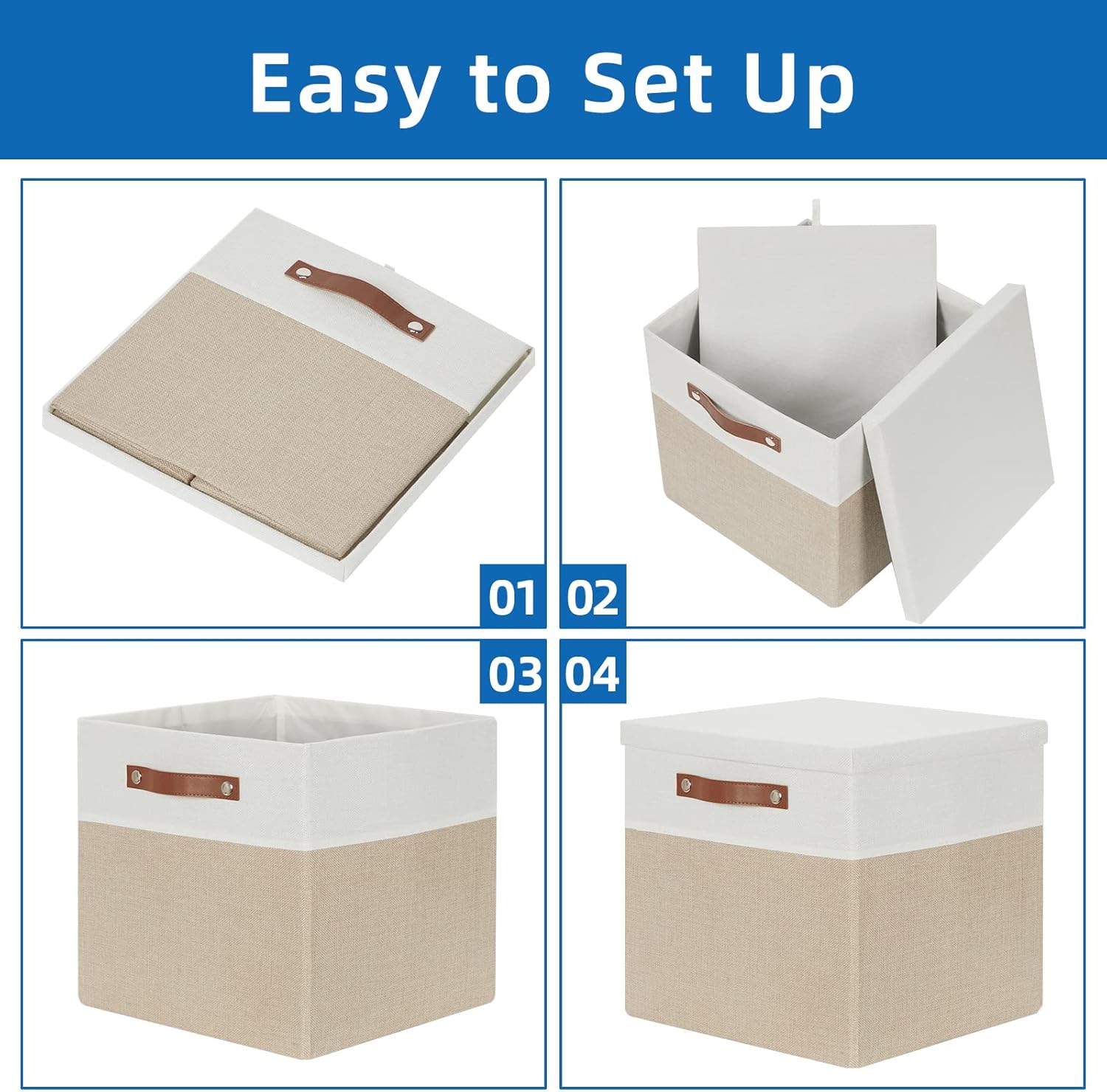 Temary Fabric Storage Bins with Lids 13 Inch Storage Cubes with Lid, Decorative Foldable Storage Boxes for Clothes, Closet Organizers (White&Khaki, 13x13x13inch)