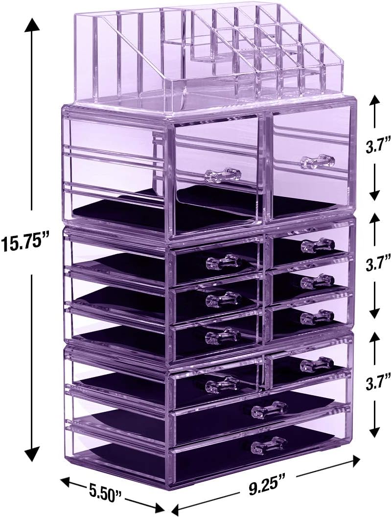 Sorbus Large Makeup Organizer - Clear Stackable Jewelry & Makeup Organizer For Vanity, Bathroom Storage, Dresser - 12 Drawers Cosmetic Beauty Organizers and Storage with Lipstick, Makeup Brush Holder