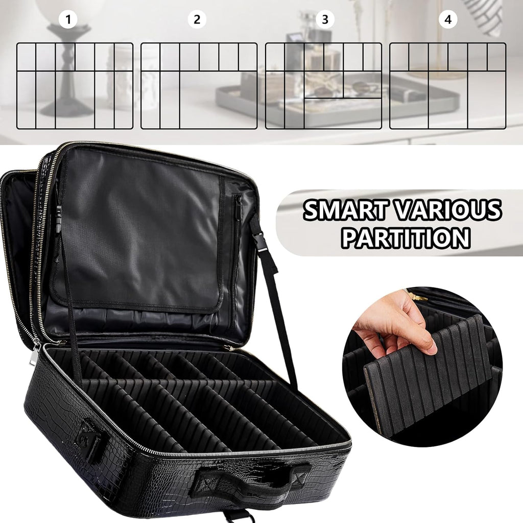 gzcz Large Capacity Travel Makeup Case Organizer,Professional Cosmetic Bags for Women,Waterproof PU Leather Makeup Bag with Adjustable Dividers and Shoulder Strap for Brushes and Jewelry