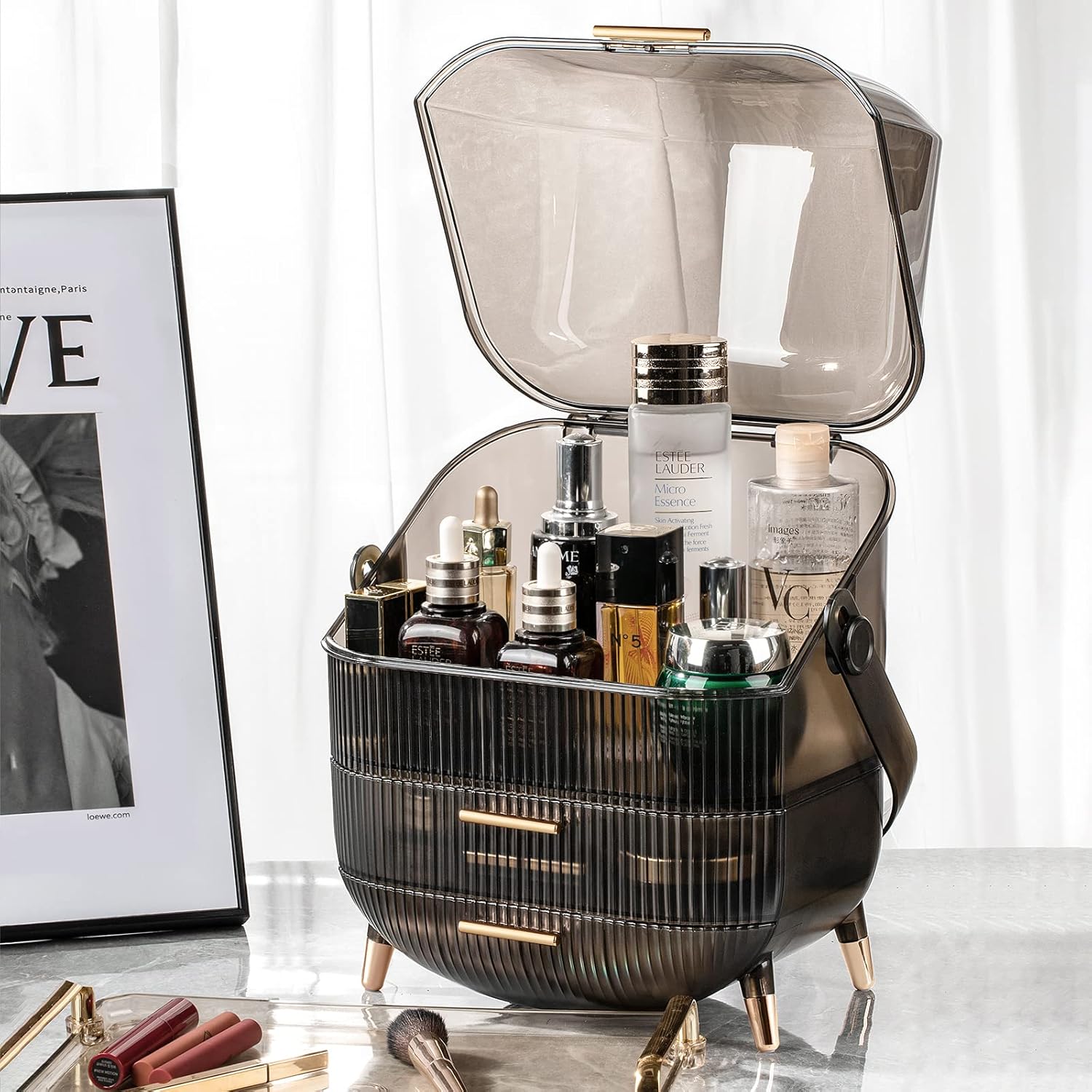 CANITORON Makeup Organizer,Large Capacity Skincare Organizer for Vanity,Cosmetic Organizer with 2 Drawers and Transparent Cover for Bedroom Countertop and Bathroom Countertop Storage.(Gray)