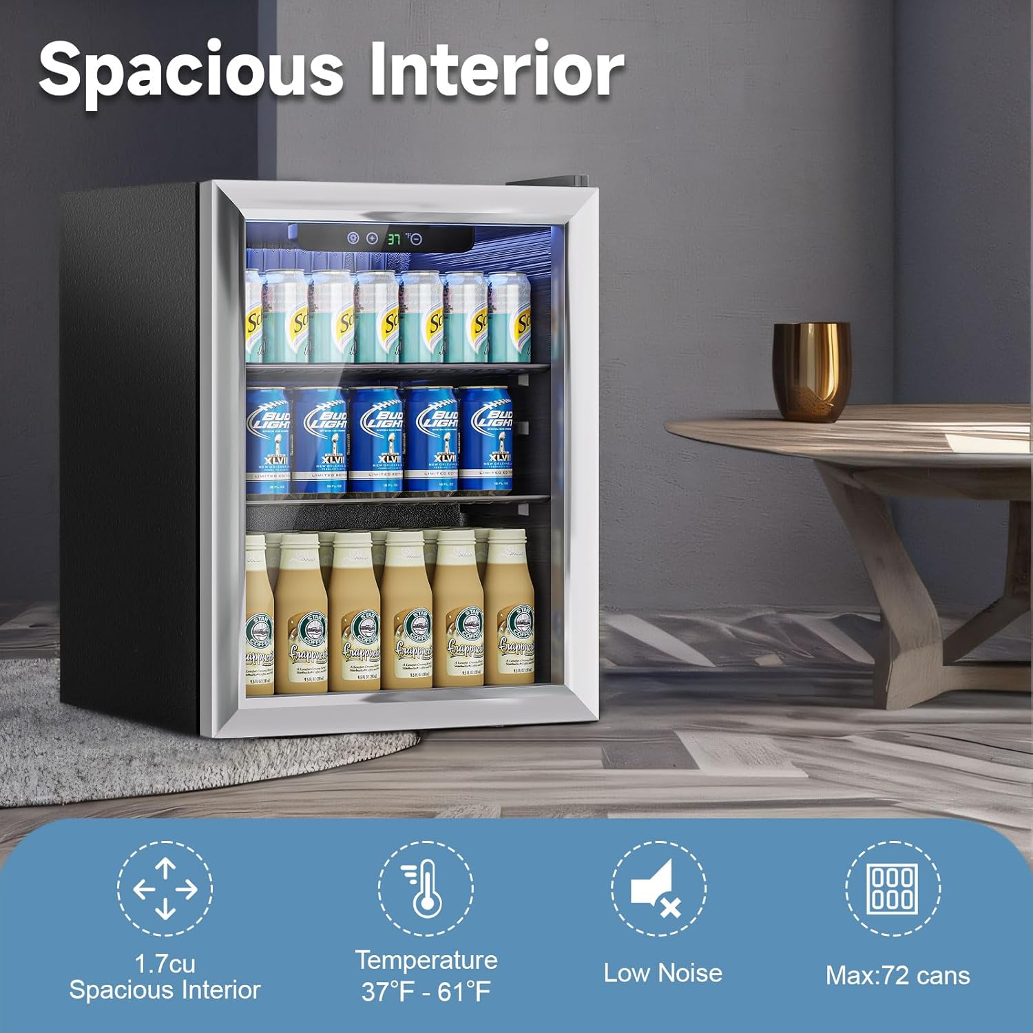1.7 Cu.Ft Mini Fridge for 76 Cans, Beverage Refrigerator with Glass Door and Digital Display, Small Drink Fridge for Soda, Beer, or Wine, Adjustable Shelves, Compact Fridge for Bedroom Office