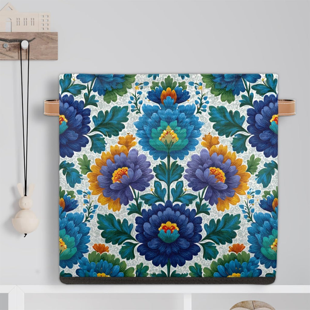 TropicalLife 13x13x13 Inch Large Fabric Storage Cube Blue Flowers Print Foldable Storage Bin with Handles Organizer Boxes Cube Basket for Shelves Organizing Closet