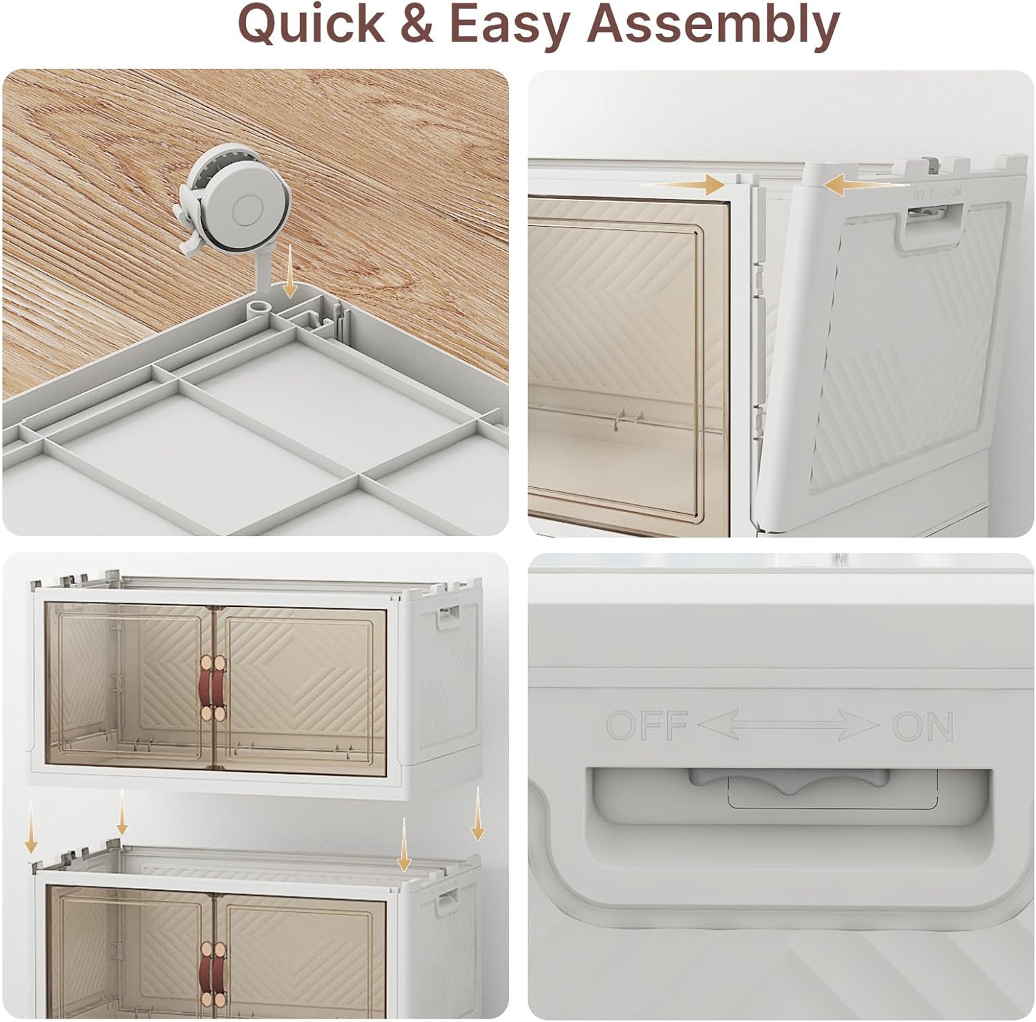 720Qt Stackable Storage Bins with Lids, 6 Pack Large Collapsible Bins with Wheels, Plastic Cabinet with Doors, Foldable Closet Organizers and Storage for Home, Dorm, Office, White