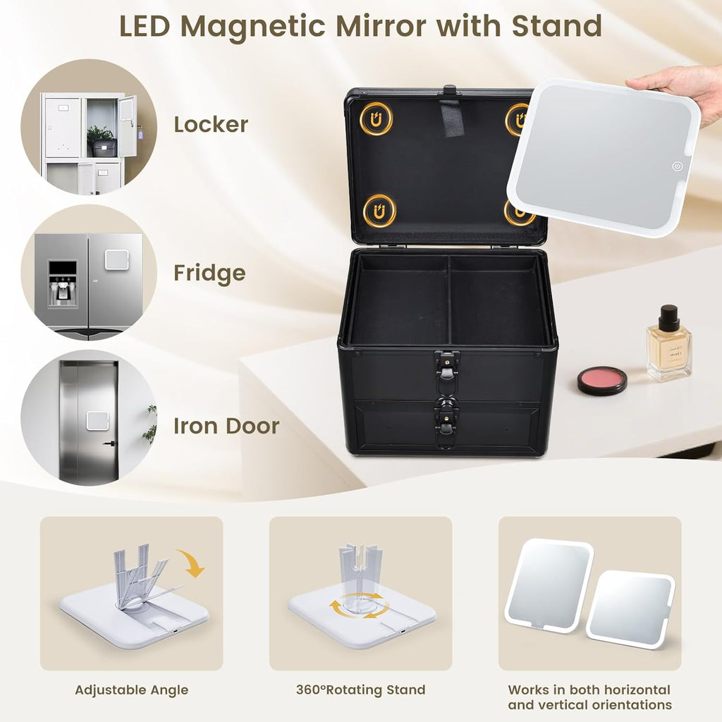 Makeup Case with Drawer, Detachable Lighted LED Mirror, Makeup Organizer Box Travel Make up Vanity Case Portable Cosmetic Train Case for MUA Lockable Makeup Suitcase with Adjustable Dividers