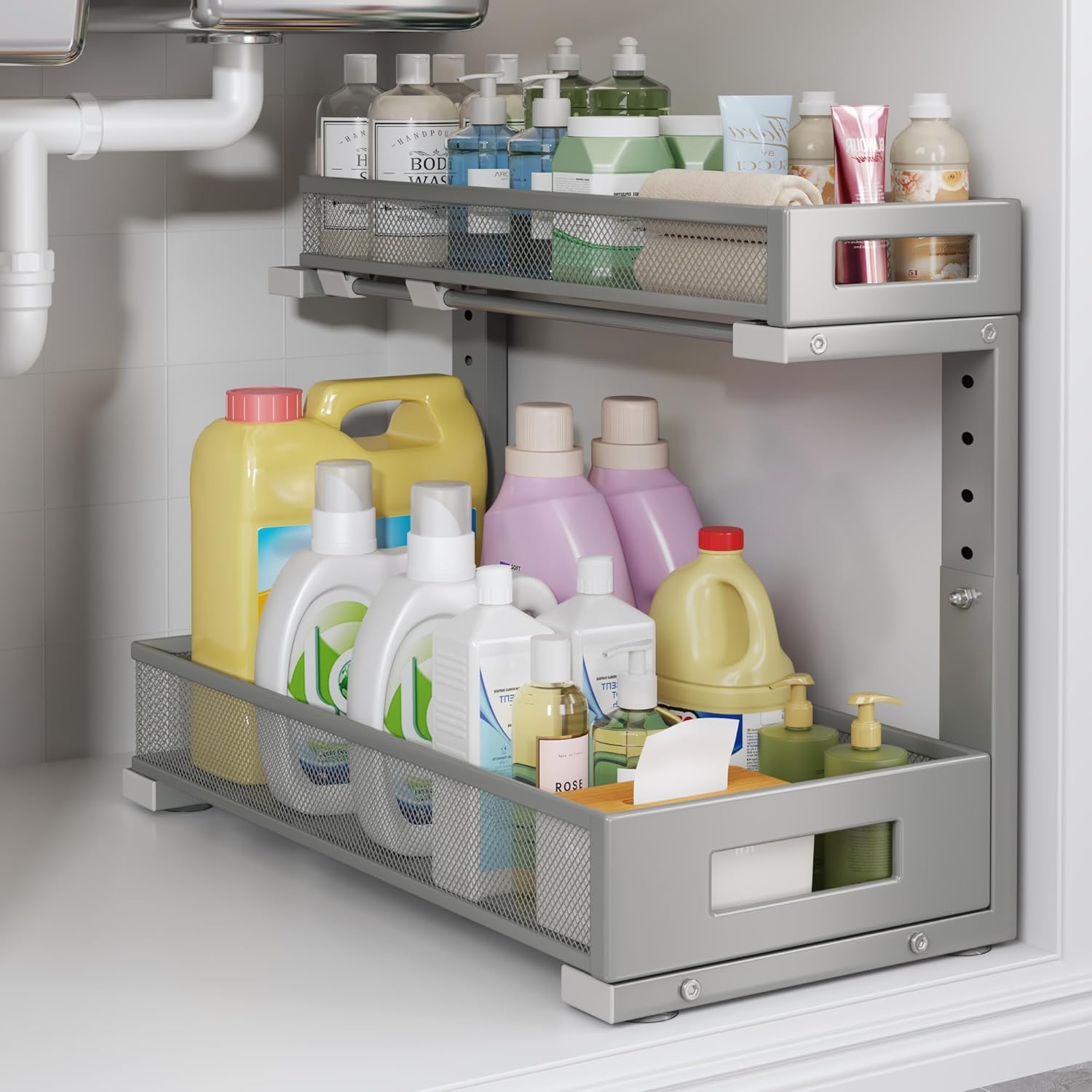 1 Pack 17IN Depth Under Sink Storage Organizer, Large 2-Tier Elegant Mesh Pull Out Shelf for Kitchen and Bathroom Cabinet Organization, L-Shaped and Adjustable Height Design-Gun Gray