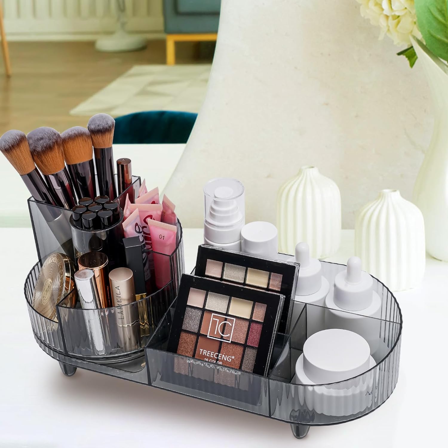 Cosmetic Makeup Storage Organizer, Countertop Makeup Perfume, Rotating Makeup Organizer for Vanity with Brush Holder, Lotions Display Case, Large Spinning Makeup Skincare Organizer (Transparent Black)