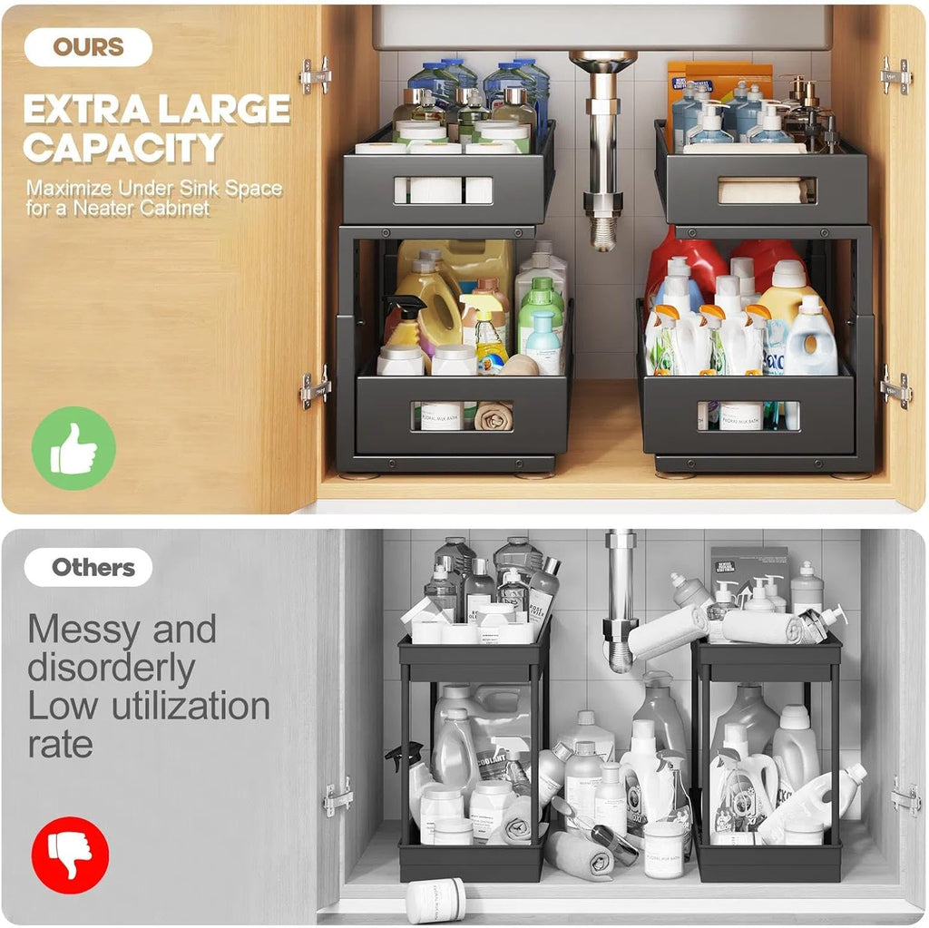 1 Pack 19IN Depth Under Sink Organizer, 2-Tier Pull Out Cabinet Organizer With Smooth Circular Rail, Large Capacity Metal Mesh Sliding Drawers For Bathroom& Kitchen Storage,Height Adjustable-Black