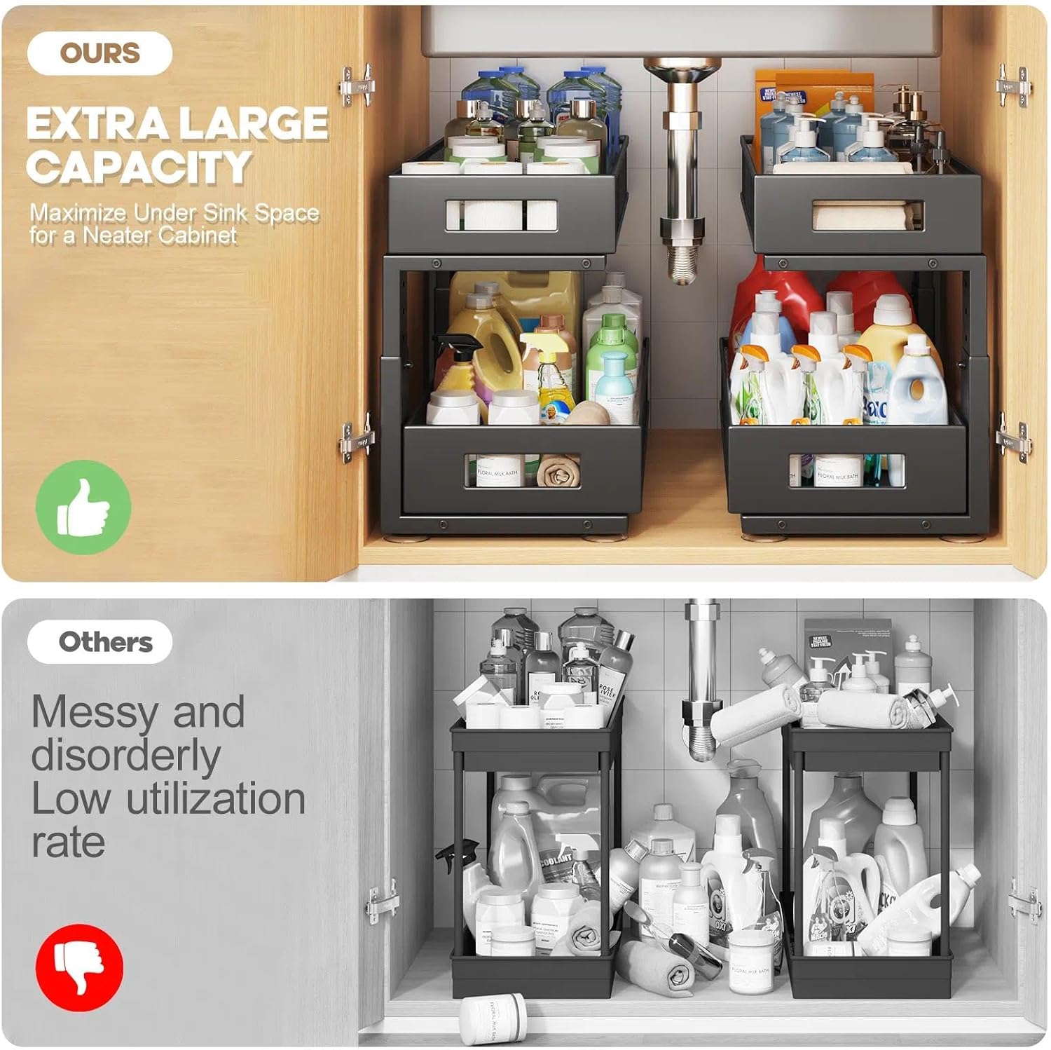 1 Pack 19IN Depth Under Sink Organizer, 2-Tier Pull Out Cabinet Organizer With Smooth Circular Rail, Large Capacity Metal Mesh Sliding Drawers For Bathroom& Kitchen Storage,Height Adjustable-Black