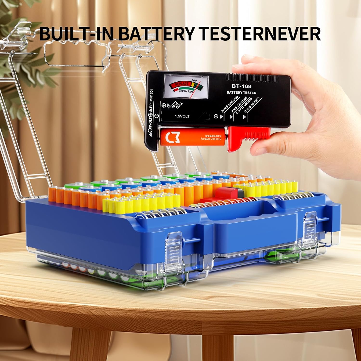 Battery Organizer Storage Holder Box Case with Tester, Stores & Protects Up to 260 Batteries, Double-Clear Locking Lid, Holds AA AAA C D and More (Blue)