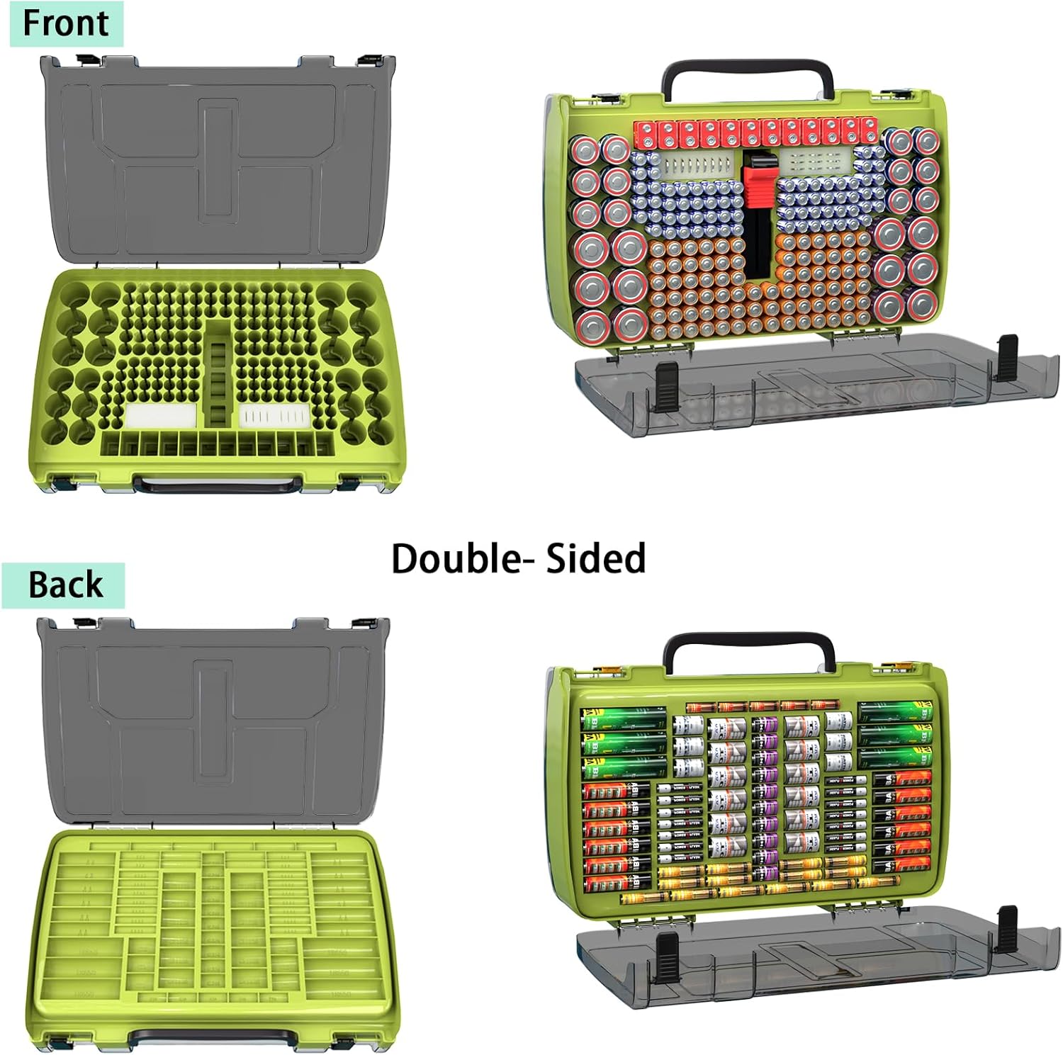 ALCYON Large Capacity 269 Battery Organizer Storage Case with Tester, Double-Side Battery Holder Container for AA AAA AAAA C D 9V Lithium 3V CR123 CR1632 18650 Batteries(Box Only) (Lighting Green)