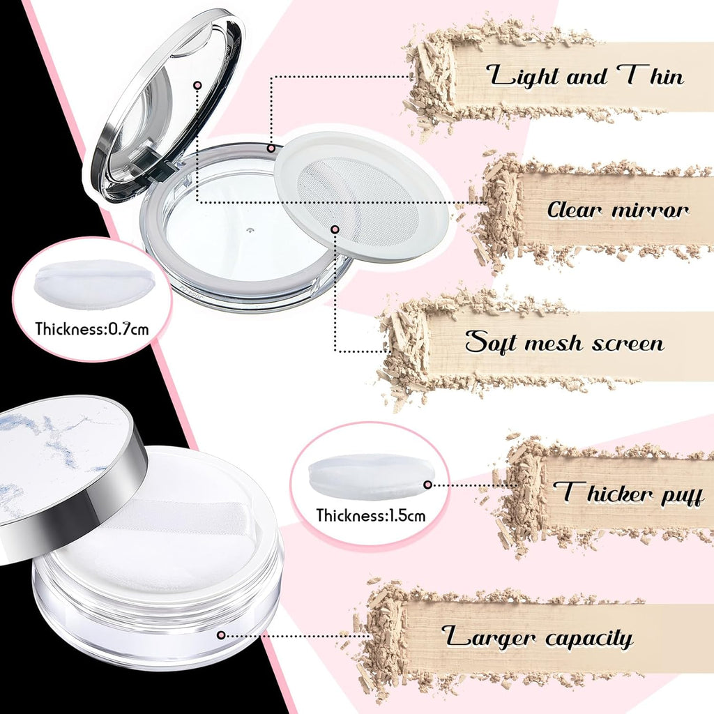 Cunhill 2 Pcs Loose Powder Container with Puff 0.17/0.7 oz Reusable Plastic Empty Case Portable DIY Makeup Powder Container Compact Case with Mirror and Net Sifter(Silver,Marble)