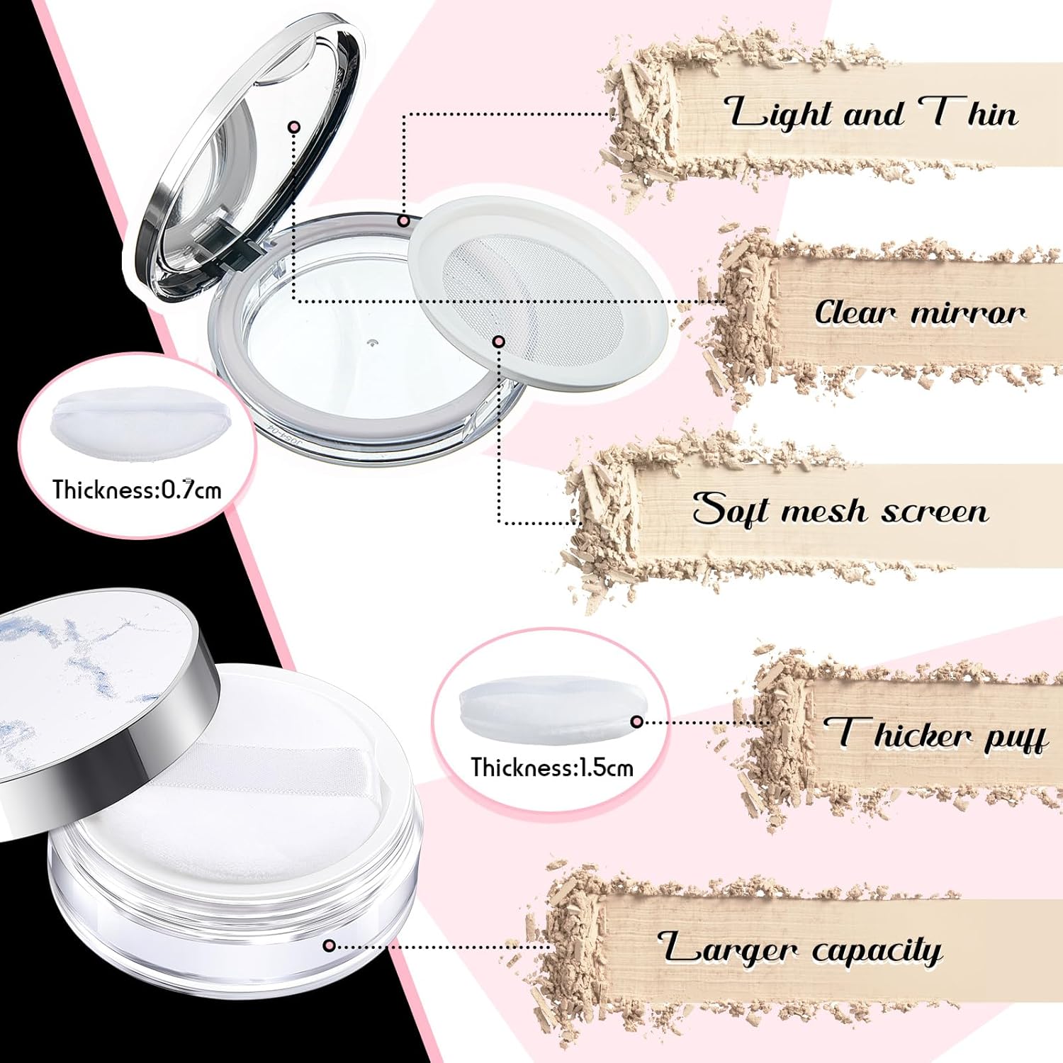 Cunhill 2 Pcs Loose Powder Container with Puff 0.17/0.7 oz Reusable Plastic Empty Case Portable DIY Makeup Powder Container Compact Case with Mirror and Net Sifter(Silver,Marble)