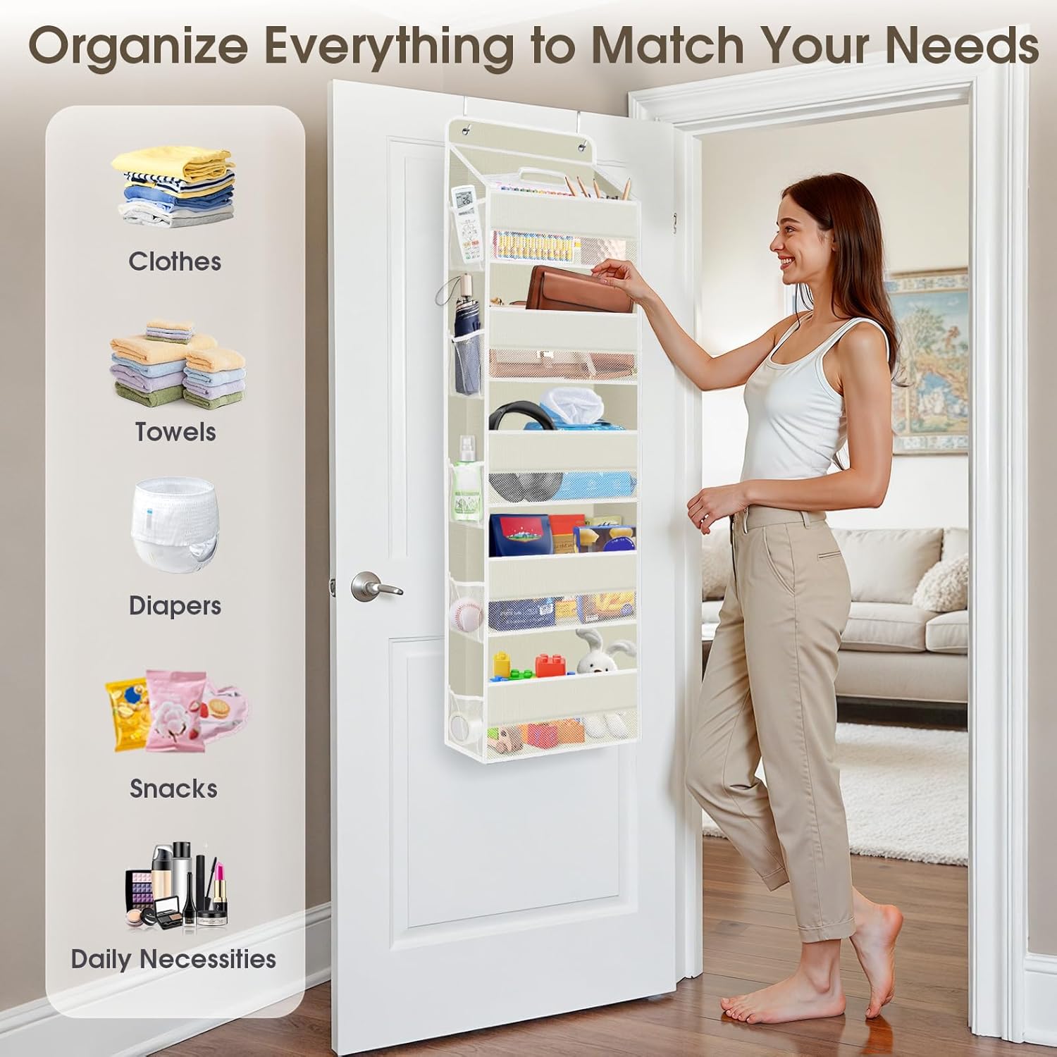1 Pack Over The Door Organizer, Hanging Storage Organizer with Clear Window, 40lb Ultra Sturdy Large Capacity Room Organizer for Pantry Bathroom Nursery Closet Baby Essential (Beige)