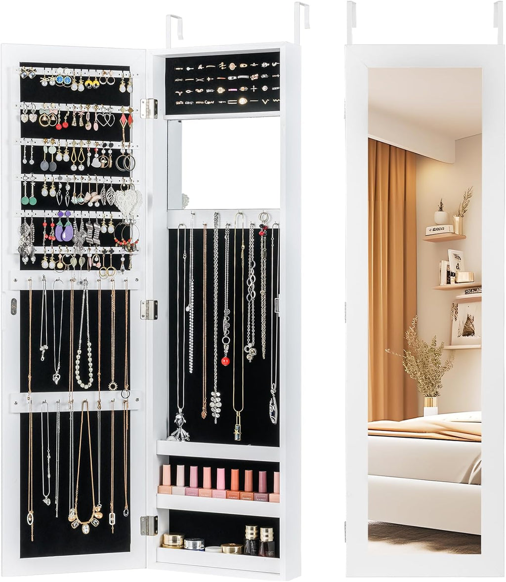 COSTWAY Full Length Mirror Jewelry Cabinet, Wall Door Mounted with Makeup Mirror, Ring Slots & Necklace Hooks, Large Storage Jewelry Armoire for Bedroom, Dressing Room (White)