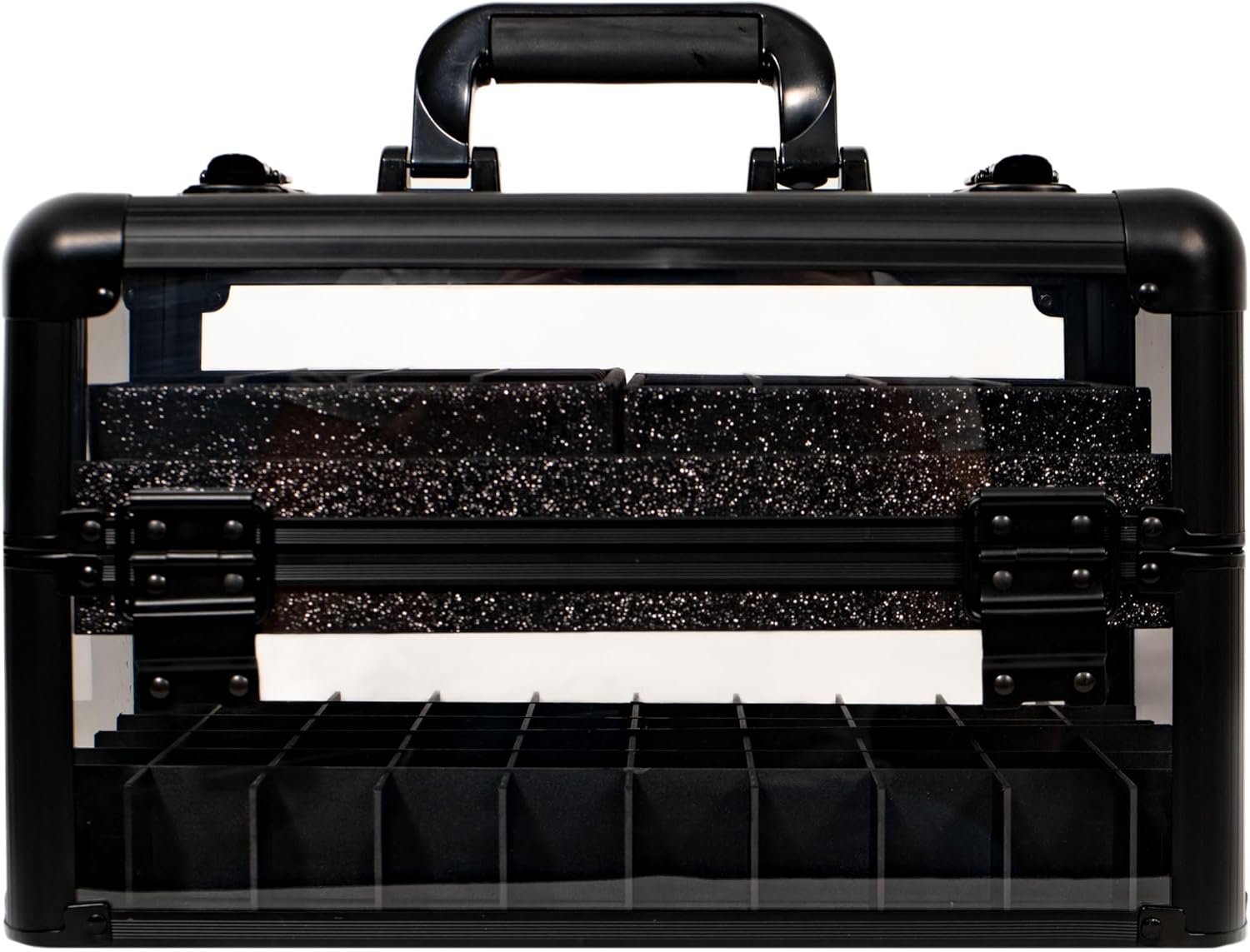 Ver Beauty Professional Armored Clear Acrylic Makeup Nail Tech Case with 2 Sliding Trays and Removable Dividers for Nail Polish Organizer Lockable Portable Travel Cosmetic Display Aluminum Case