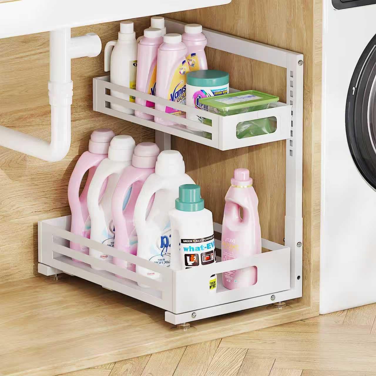 1 Pack Under Sink Organizer,Pull Out Cabinet Organizer with Smooth Cylindrical Rail,Metal Slide Out Drawer for Kitchen Bathroom Laundry Cabinet,8-Level Tool Free Height Adjustable-White