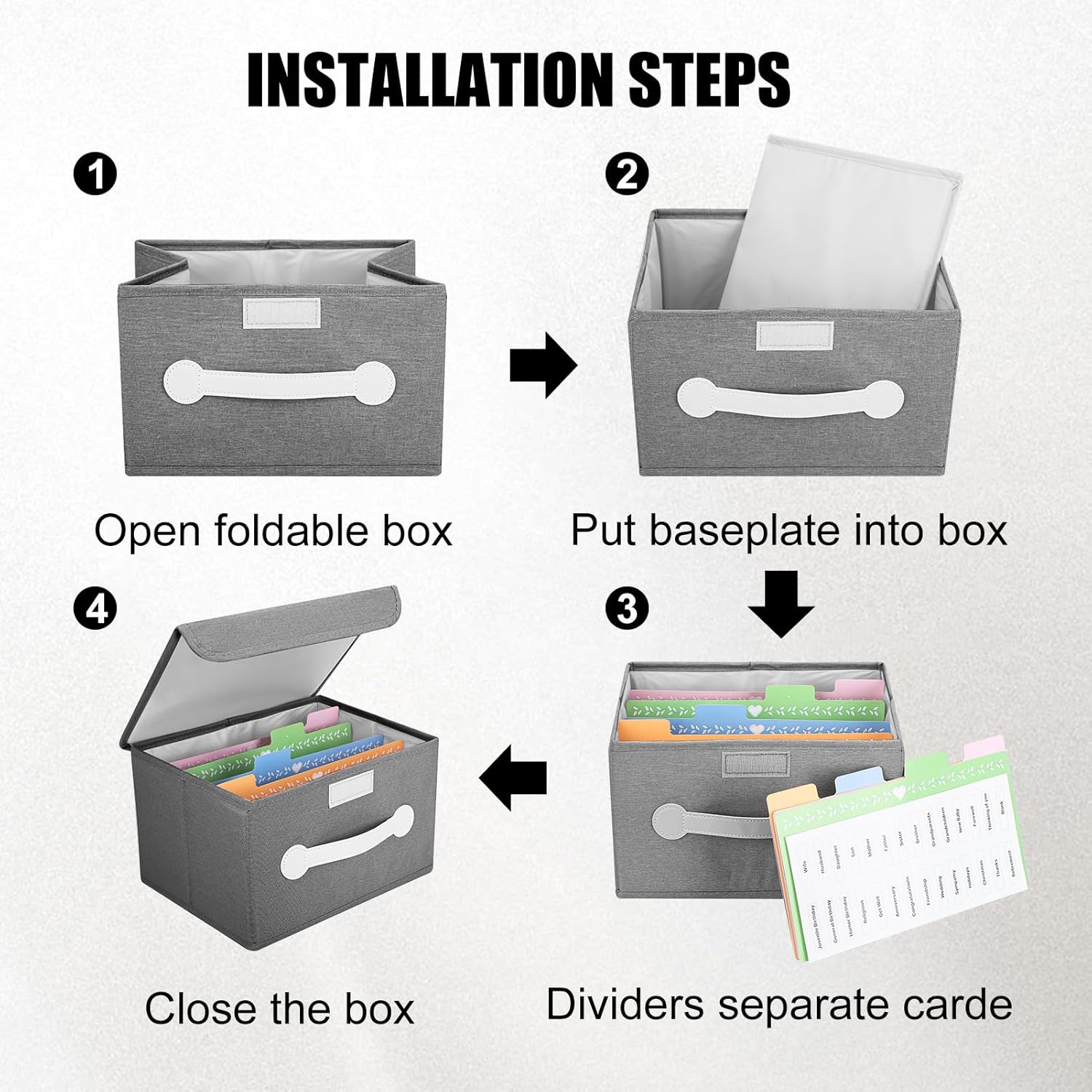 Greeting Card Organizer Box with 16 Dividers,Collapsible Greeting Card Storage Box With Lids，Ideal for Greeting Cards,Recipes, Photos, Envelopes, Keepsake（Grey，84 Pcs Labels）