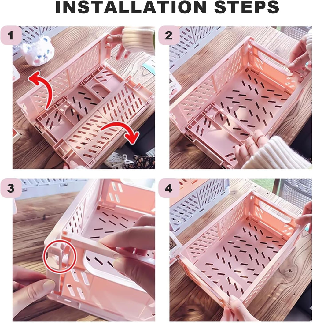 Pastel Plastic Storage Baskets 2 Pack, Collapsible Crates for Organizing, Space-Saving Bins for Kitchen, Office, Bedroom (Grey, Medium:9.8" x 6.5" x 3.8")