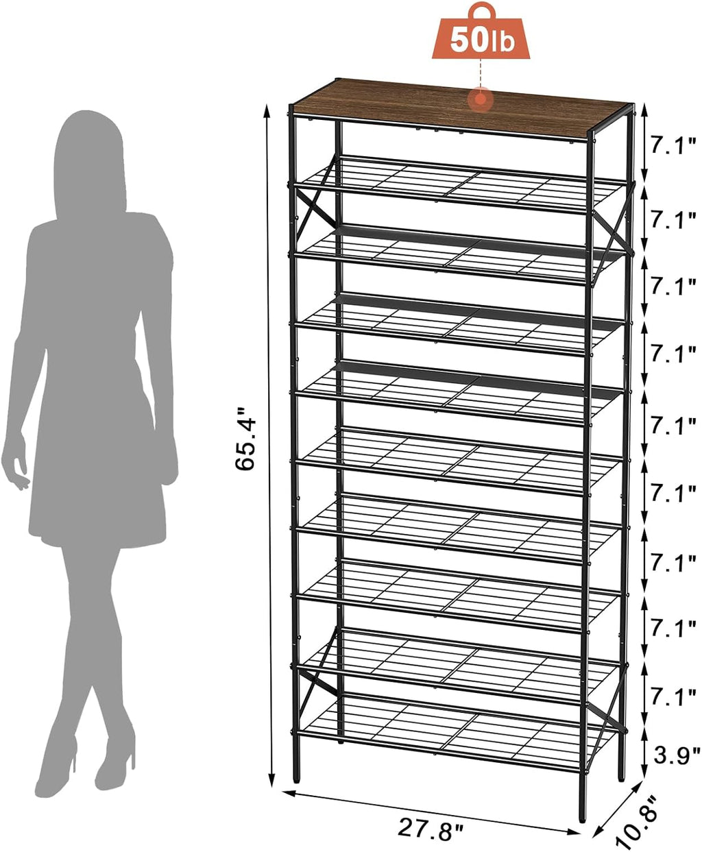 10-Tier Tall Shoe Rack Organizer Shoe Storage for Entryway 30-40 Pairs Metal Shoe Rack for Closet Heavy-Duty Shoe Rack with Wooden Top Shelf for Garage Rustic Brown