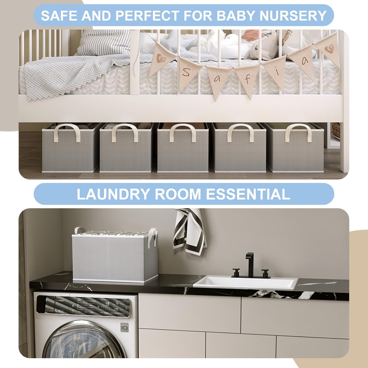 Closet Storage Bins, Fabric Closet Organizers and Storage Basket for Shelves, Collapsible Shelf Baskets for Organizing Shelves, Bedroom Clothes Basket, Gray, 3 Pack