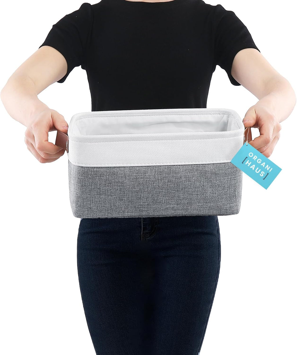 OrganiHaus Small Fabric Storage Baskets for Shelves 3 Pack, 12x08in Closet Storage Bins for Shelves, Canvas Baskets for Organizing, Linen Closet Organizers, Cloth Basket, Gray/Off-White