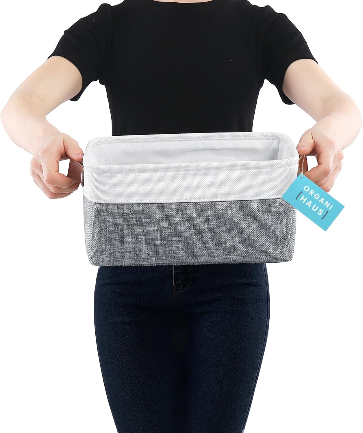 OrganiHaus Small Fabric Storage Baskets for Shelves 3 Pack, 12x08in Closet Storage Bins for Shelves, Canvas Baskets for Organizing, Linen Closet Organizers, Cloth Basket, Gray/Off-White