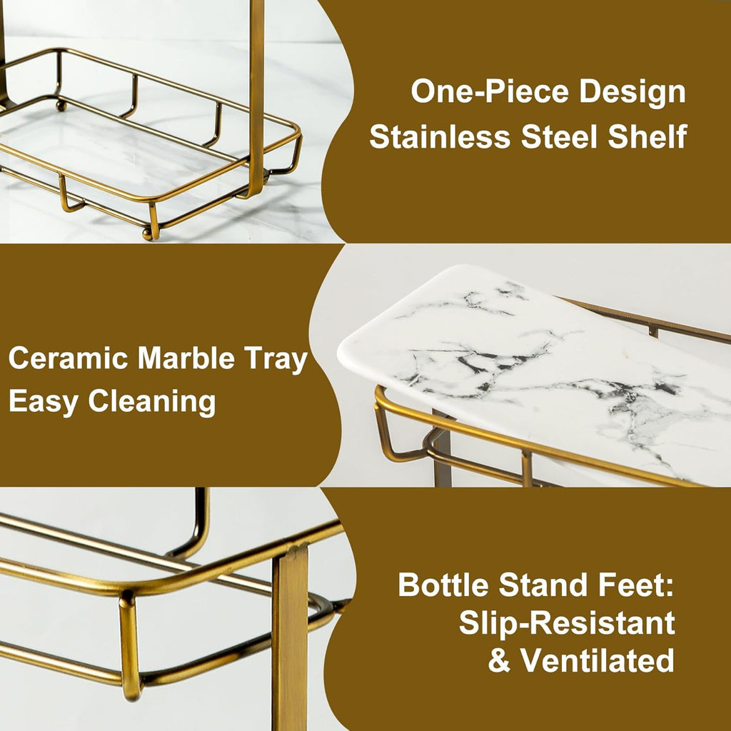 Bathroom Organizer Countertop Perfume Organizer Makeup Organizer Cosmetics Storage Display Rack Vanity Tray Dresser Stainless Steel Gold Shelf White Marble Ceramic Tray