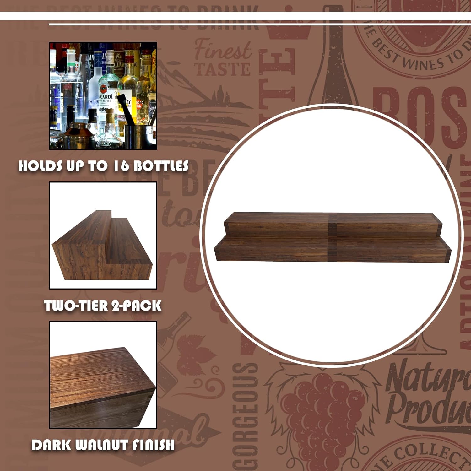 tongmo 2 pack Liquor Bottle Stand - 2 Tier Liquor Bar Bottle Display Shelf, Holds 16Bottles, Real Wood, Easy to Clean, No Installation Required - 15.8 Inch each (Dark Walnut)