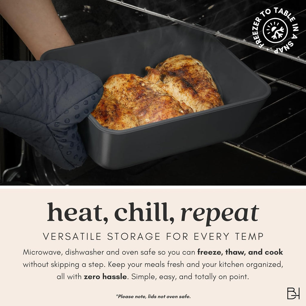 Ceramic Coated Glass Food Storage Container | No PTFE, PFOA, PFAS, and BPA | Reusable Non Toxic Meal Prep Container with Glass Lid | Easy To Store | 8 Cup Square [Onyx]