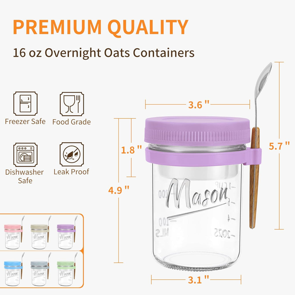 6 Pack Overnight Oats Containers with Lids and Spoons, 16 oz Mason Jars with Removable Separate Compartments, Airtight and Leak-Proof Glass Jars for Chia Pudding, Yogurt, and Oatmeal