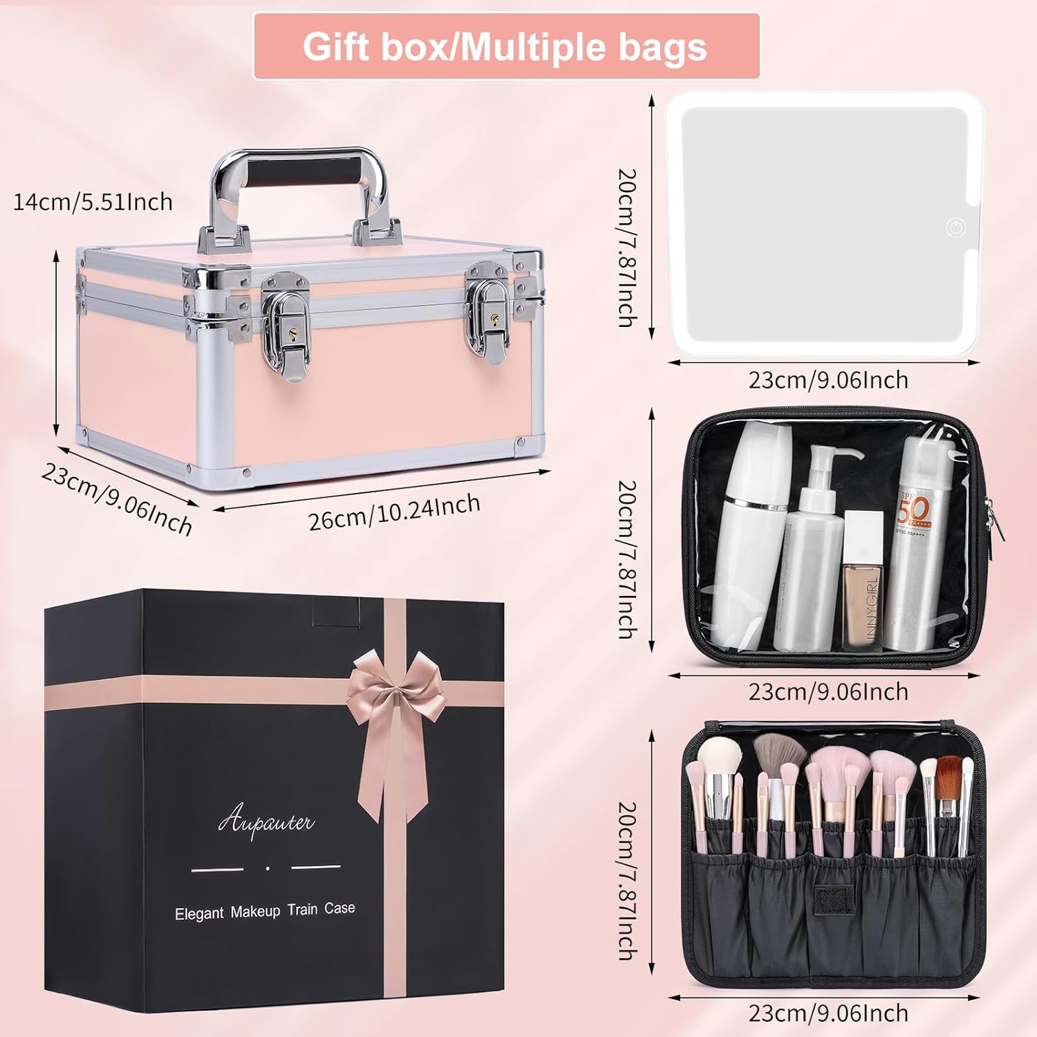 Makeup Box with Led Mirror,Travel Train Hard Case with Rechargeable Lighted Mirror Adjustable Dividers,Cosmetic Organizer Storage Bag for Makeup Artists,Appropriate Gift for Women and Girls,Pink