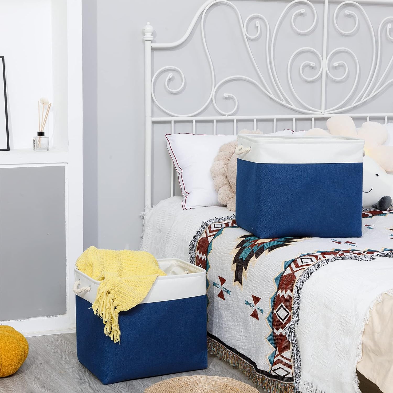 Bidtakay Large Canvas Organization Bins Set of 2 Navy Blue Rectangular Baskets 17x12x15 in for Blankets, Clothes, Towels, Dog Toys Storage