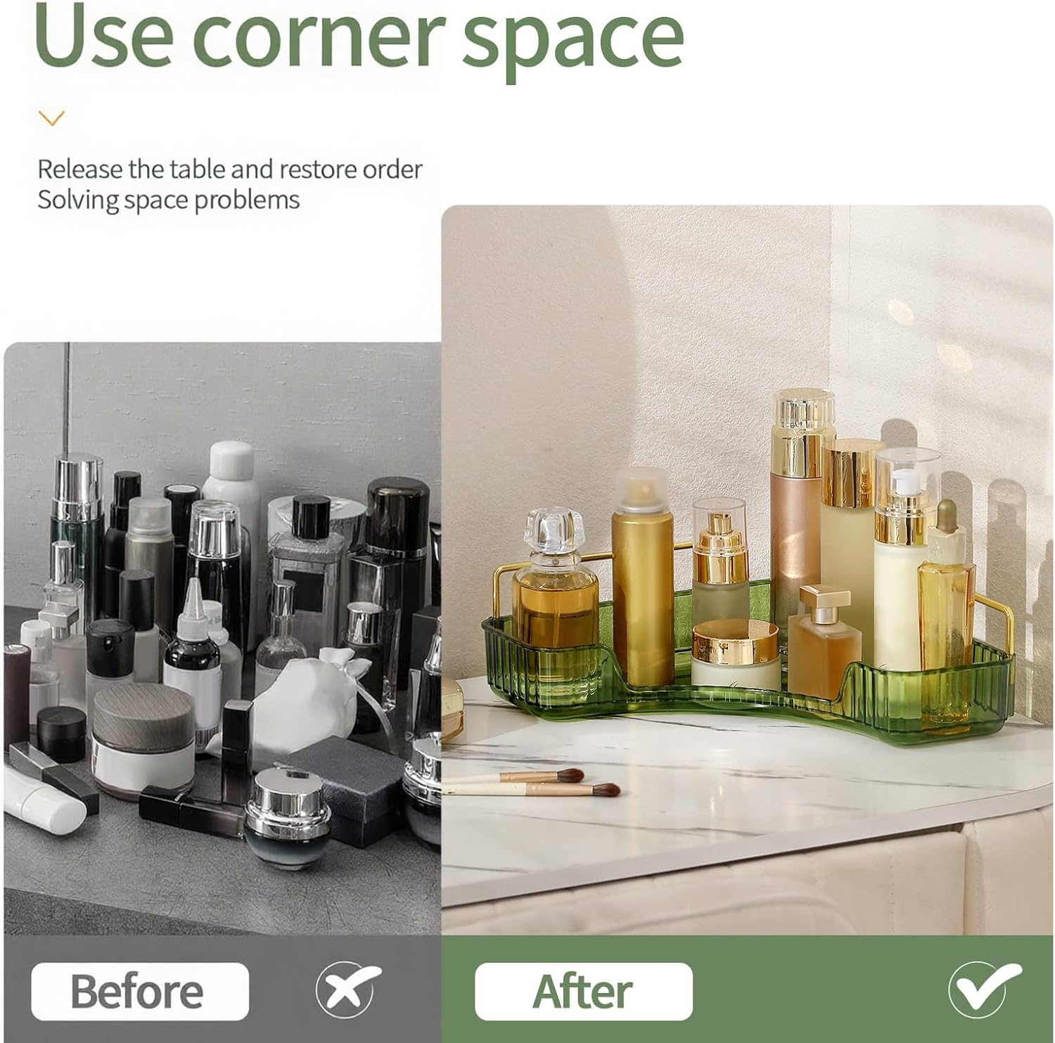 Corner Bathroom Countertop Organizer, Vanity Organizer Trays for Counter, Makeup Organizers, Perfume Tray, Skincare Shelf Storage Gifts for Women Girl Student (Green, 1 Tier)