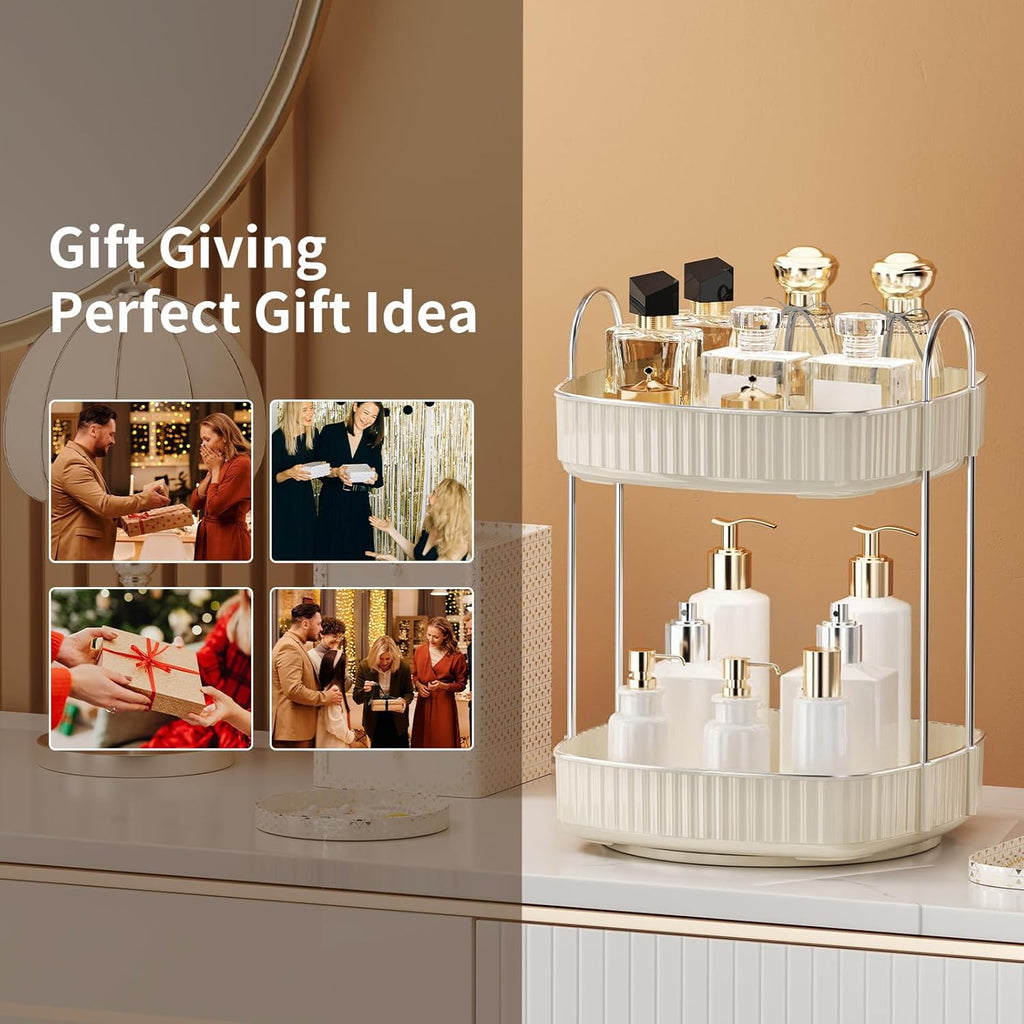 YCIA&DONE 360 Rotating Makeup Organizer for Vanity, 2 Tiers New Square Shaped Cosmetics Skincare Bathroom Organizers Countertop, Perfume Stand Counter Tray, Warm White