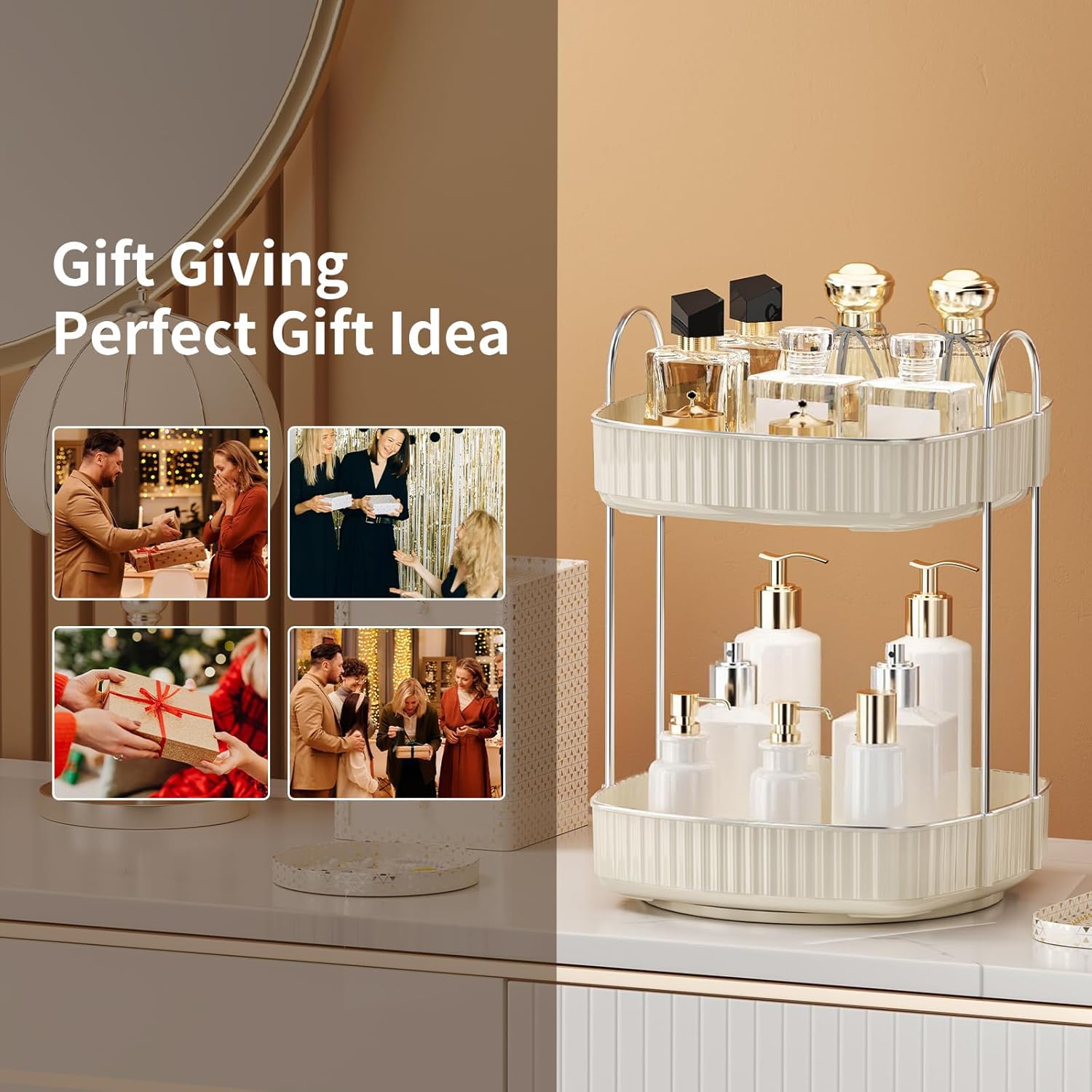 YCIA&DONE 360 Rotating Makeup Organizer for Vanity, 2 Tiers New Square Shaped Cosmetics Skincare Bathroom Organizers Countertop, Perfume Stand Counter Tray, Warm White