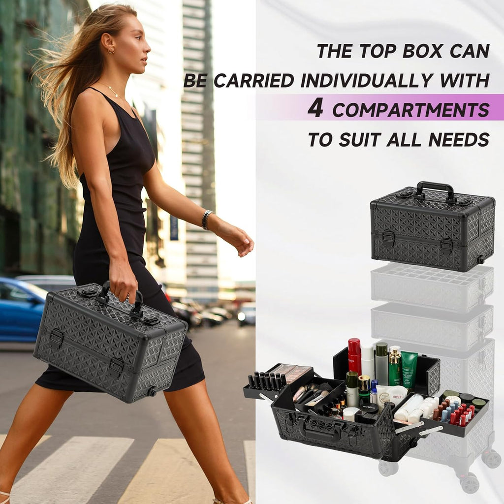 Leeora&Leekoo Portable Multi-Storey Nail Case for Nail Tech Organizer - Wheels Makeup Case Organizer, Cosmetic Case, Makeup Train Case, Make Up Case (Black)