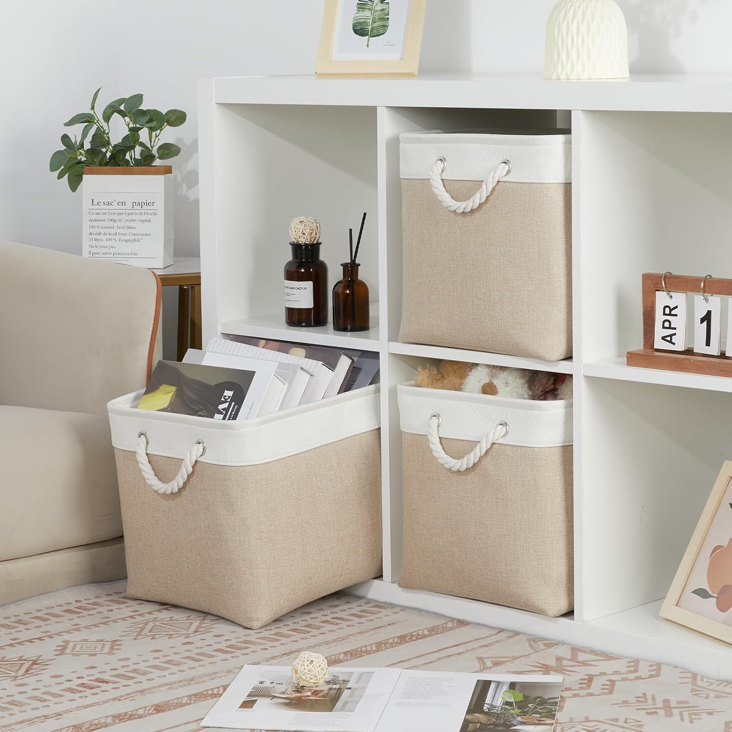 Bidtakay Large Storage Baskets for Organizing Fabric Closet Organizers Storage Bins with Handles 3-Pack 16x11.8x11.8 Inch Collapsible Baskets for Shelves Clothes Home Organization L-White&Beige