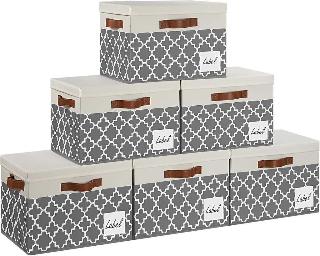 GhvyenntteS Large Fabric Storage Bins with Lids (6 Pack), Foldable Decorative Storage Boxes with Lids and 3 Handles, Sturdy Storage Baskets with Label Window for Home Office (White&Lattice Grey)