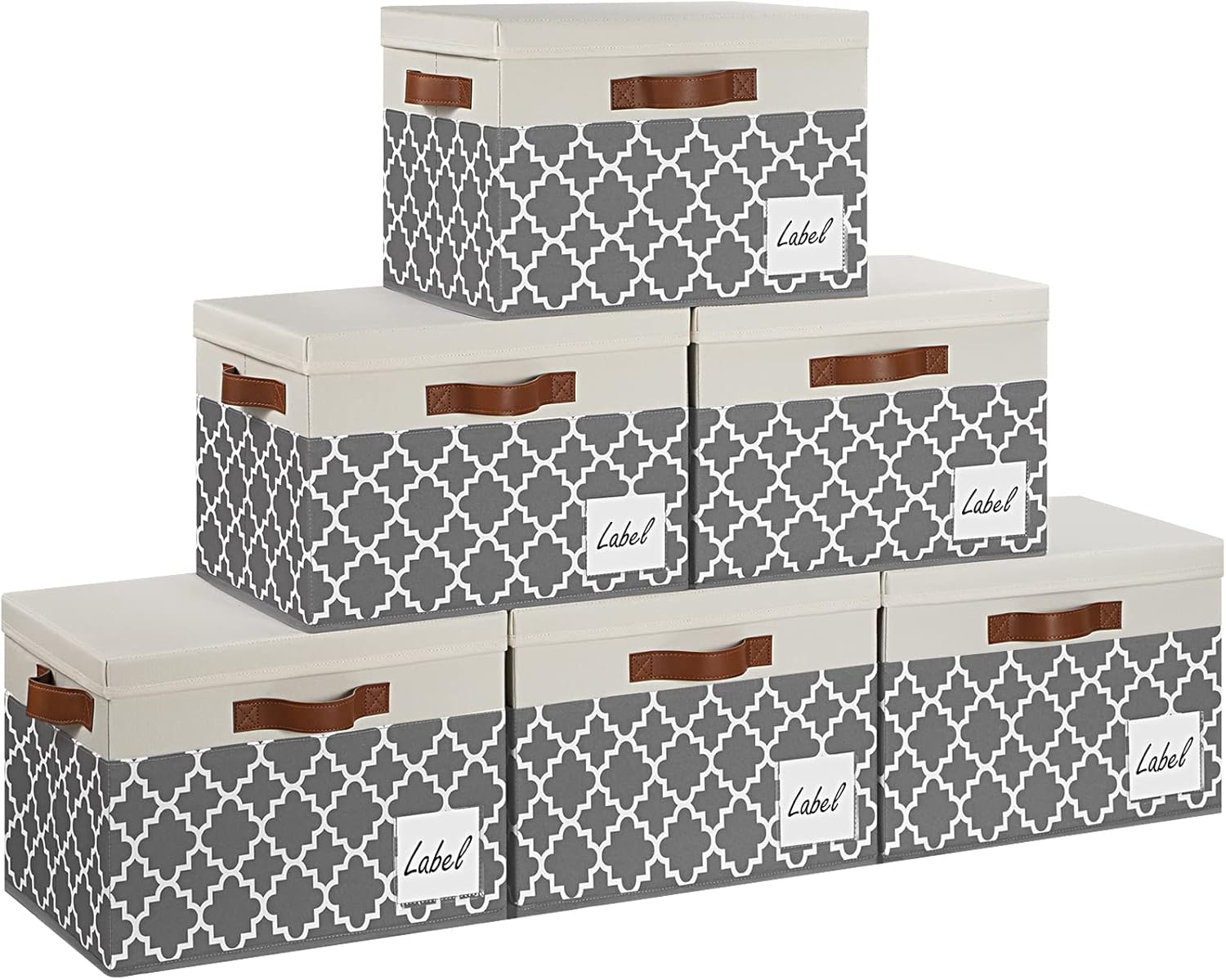 GhvyenntteS Large Fabric Storage Bins with Lids (6 Pack), Foldable Decorative Storage Boxes with Lids and 3 Handles, Sturdy Storage Baskets with Label Window for Home Office (White&Lattice Grey)